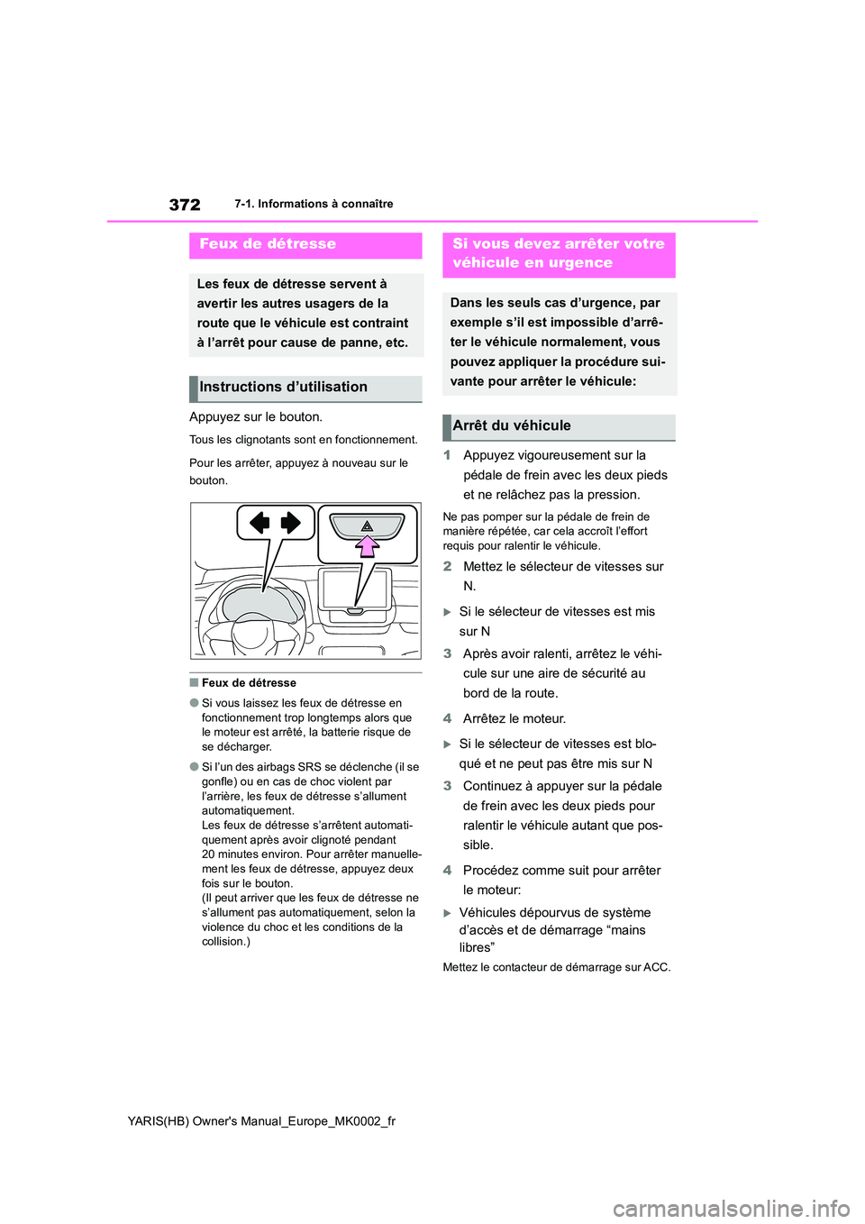 TOYOTA YARIS 2021 Notices Demploi (in French) 372
YARIS(HB) Owners Manual_Europe_MK0002_fr
7-1. Informations à connaître
7-1.In formations à co nnaître
Appuyez sur le bouton.
Tous les clignotants sont en fonctionnement.
Pour les arrêter, TOYOTA YARIS 2021 Notices Demploi (in French) 372
YARIS(HB) Owners Manual_Europe_MK0002_fr
7-1. Informations à connaître
7-1.In formations à co nnaître
Appuyez sur le bouton.
Tous les clignotants sont en fonctionnement.
Pour les arrêter,