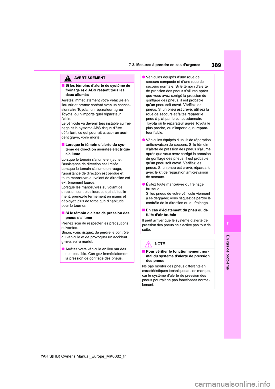TOYOTA YARIS 2021 Notices Demploi (in French) 389
7
YARIS(HB) Owners Manual_Europe_MK0002_fr
7-2. Mesures à prendre en cas d’urgence
En cas de problème
AVERTISSEMENT
■Si les témoins d’alerte de système de
freinage et d’ABS restent TOYOTA YARIS 2021 Notices Demploi (in French) 389
7
YARIS(HB) Owners Manual_Europe_MK0002_fr
7-2. Mesures à prendre en cas d’urgence
En cas de problème
AVERTISSEMENT
■Si les témoins d’alerte de système de
freinage et d’ABS restent