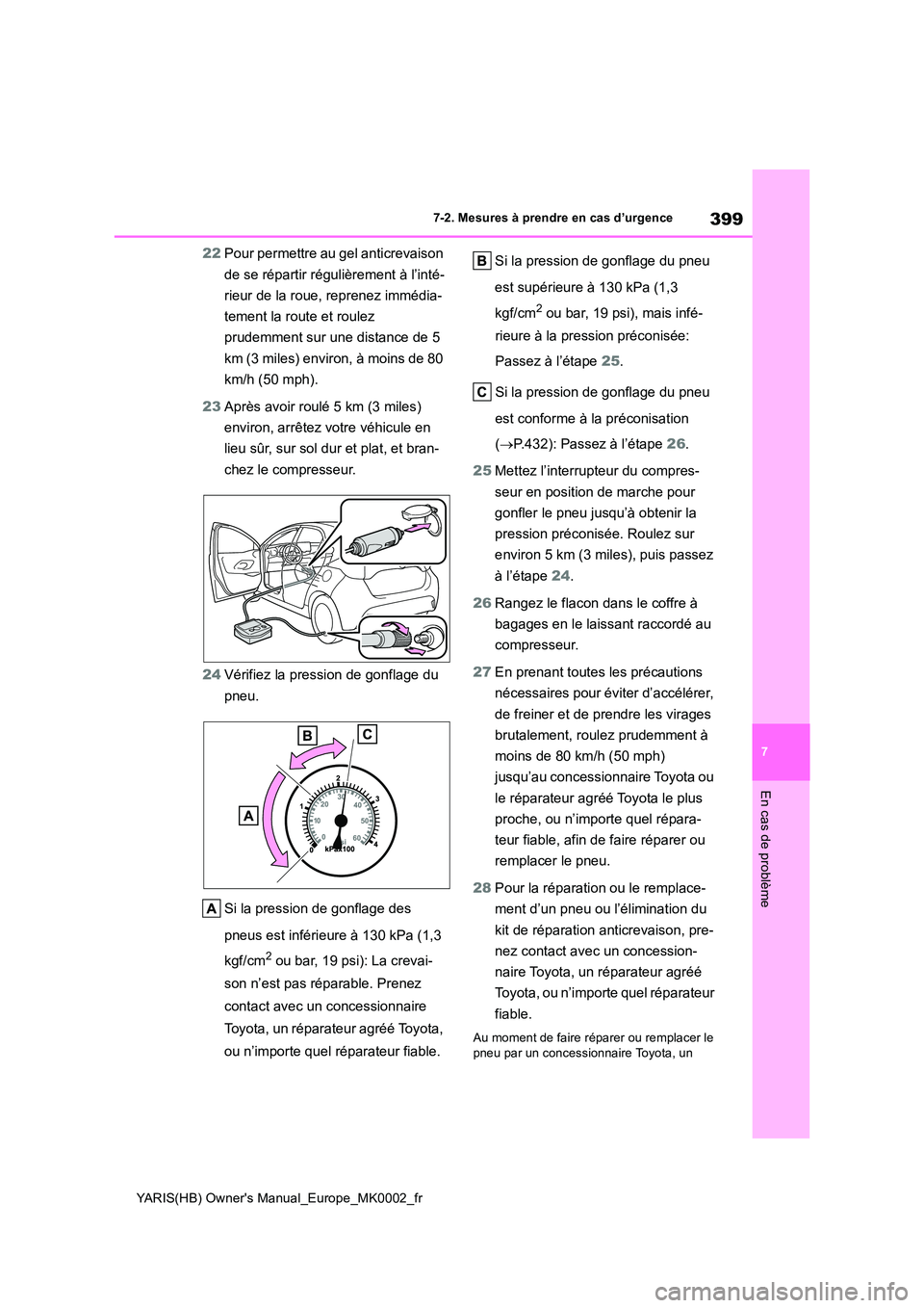 TOYOTA YARIS 2021  Notices Demploi (in French) 399
7
YARIS(HB) Owners Manual_Europe_MK0002_fr
7-2. Mesures à prendre en cas d’urgence
En cas de problème
22Pour permettre au gel anticrevaison  
de se répartir régulièrement à l’inté- 
ri