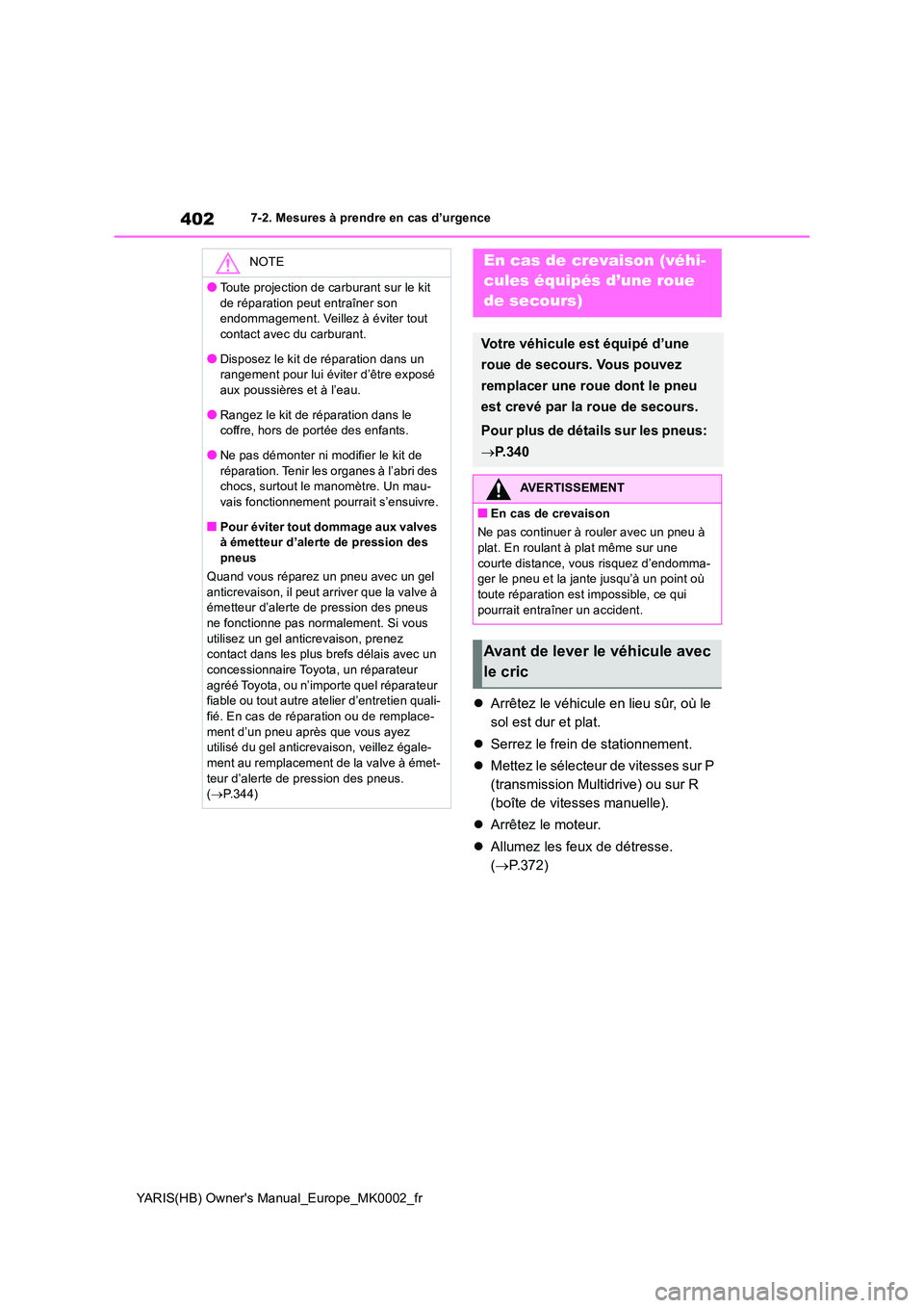 TOYOTA YARIS 2021  Notices Demploi (in French) 402
YARIS(HB) Owners Manual_Europe_MK0002_fr
7-2. Mesures à prendre en cas d’urgence
�zArrêtez le véhicule en lieu sûr, où le  
sol est dur et plat. 
�z Serrez le frein de stationnement. 
�z M