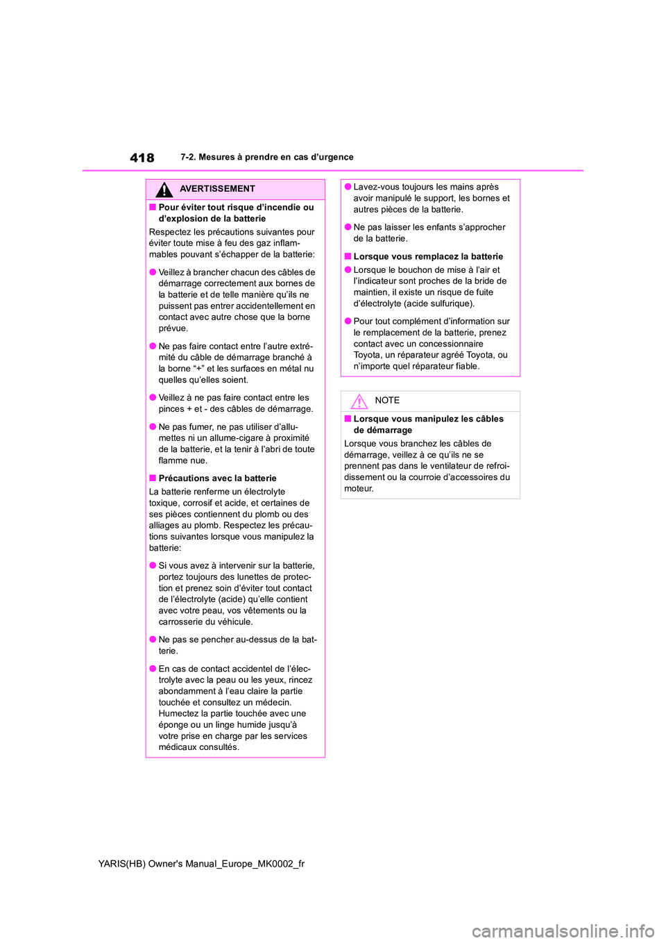 TOYOTA YARIS 2021 Notices Demploi (in French) 418
YARIS(HB) Owners Manual_Europe_MK0002_fr
7-2. Mesures à prendre en cas d’urgence
AVERTISSEMENT
■Pour éviter tout risque d’incendie ou
d’explosion de la batterie
Respectez les précau TOYOTA YARIS 2021 Notices Demploi (in French) 418
YARIS(HB) Owners Manual_Europe_MK0002_fr
7-2. Mesures à prendre en cas d’urgence
AVERTISSEMENT
■Pour éviter tout risque d’incendie ou
d’explosion de la batterie
Respectez les précau