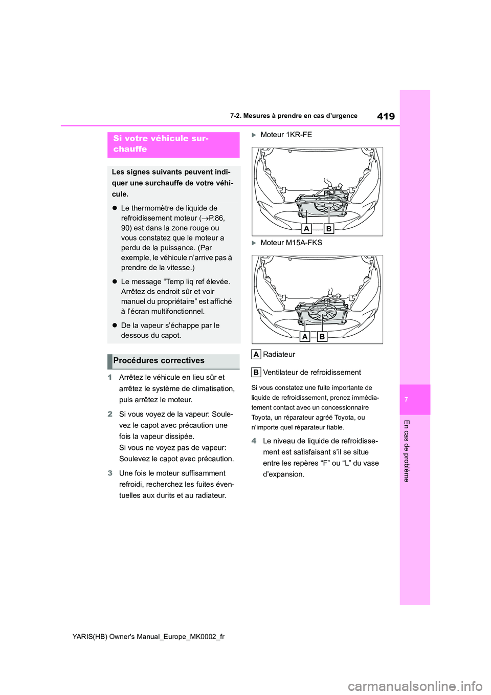 TOYOTA YARIS 2021 Notices Demploi (in French) 419
7
YARIS(HB) Owners Manual_Europe_MK0002_fr
7-2. Mesures à prendre en cas d’urgence
En cas de problème
1Arrêtez le véhicule en lieu sûr et
arrêtez le système de climatisation,
puis ar TOYOTA YARIS 2021 Notices Demploi (in French) 419
7
YARIS(HB) Owners Manual_Europe_MK0002_fr
7-2. Mesures à prendre en cas d’urgence
En cas de problème
1Arrêtez le véhicule en lieu sûr et
arrêtez le système de climatisation,
puis ar