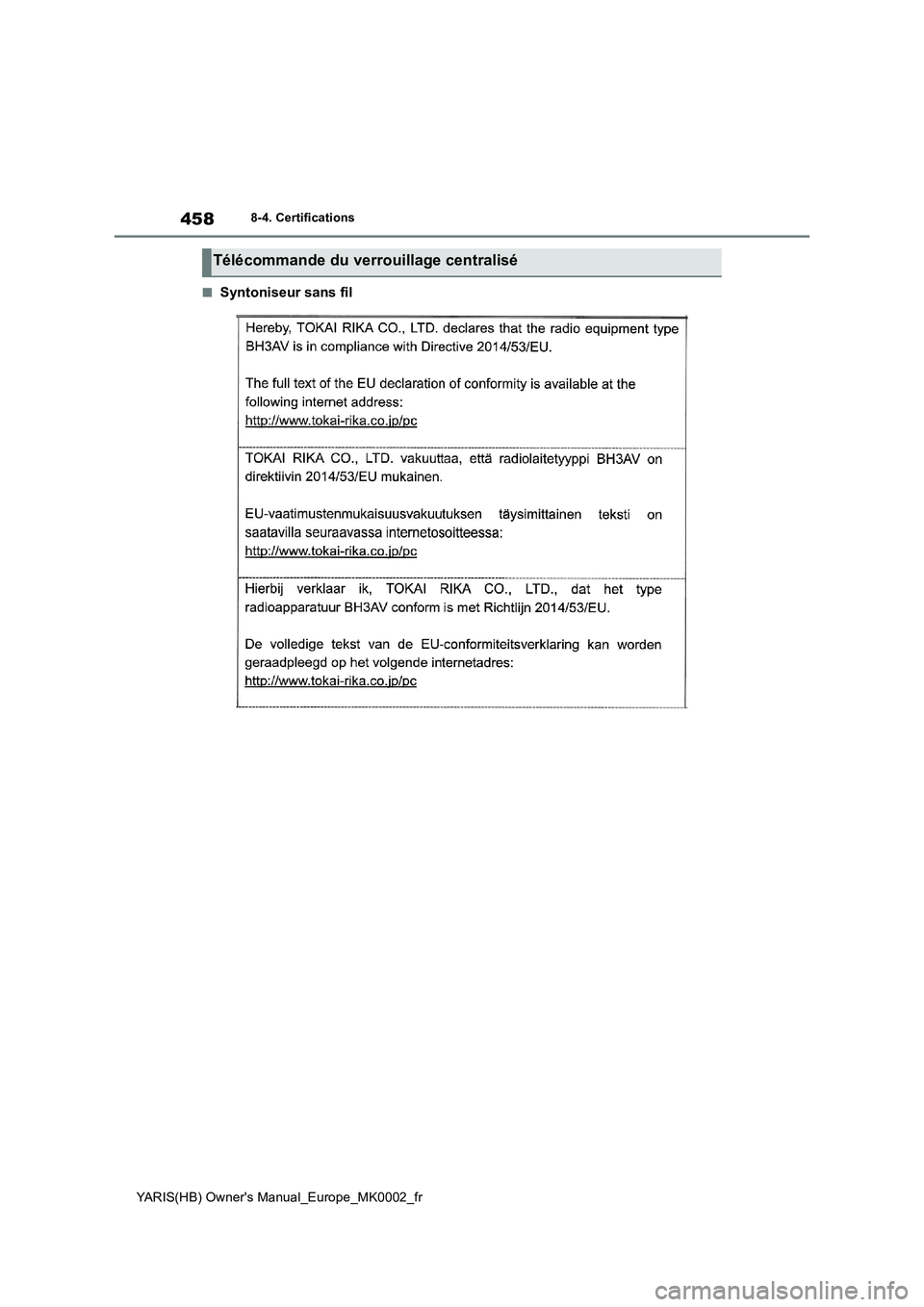 TOYOTA YARIS 2021 Notices Demploi (in French) 458
YARIS(HB) Owners Manual_Europe_MK0002_fr
8-4. Certifications
■Syntoniseur sans fil
Télécommande du verrouillage centralisé TOYOTA YARIS 2021 Notices Demploi (in French) 458
YARIS(HB) Owners Manual_Europe_MK0002_fr
8-4. Certifications
■Syntoniseur sans fil
Télécommande du verrouillage centralisé