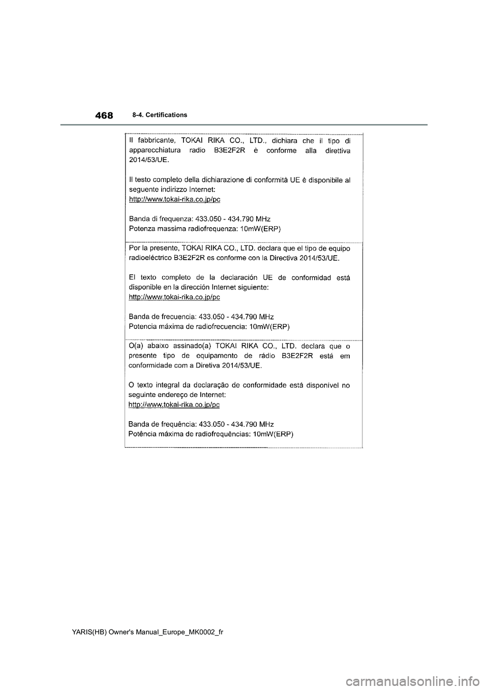 TOYOTA YARIS 2021 Notices Demploi (in French) 468
YARIS(HB) Owners Manual_Europe_MK0002_fr
8-4. Certifications TOYOTA YARIS 2021 Notices Demploi (in French) 468
YARIS(HB) Owners Manual_Europe_MK0002_fr
8-4. Certifications