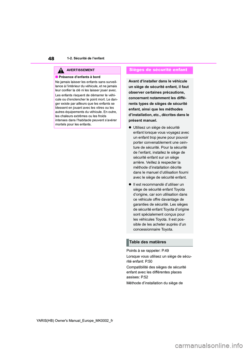 TOYOTA YARIS 2021  Notices Demploi (in French) 48
YARIS(HB) Owners Manual_Europe_MK0002_fr
1-2. Sécurité de l’enfant
Points à se rappeler: P.49 
Lorsque vous utilisez un siège de sécu- 
rité enfant: P.50 
Compatibilité des sièges de sé