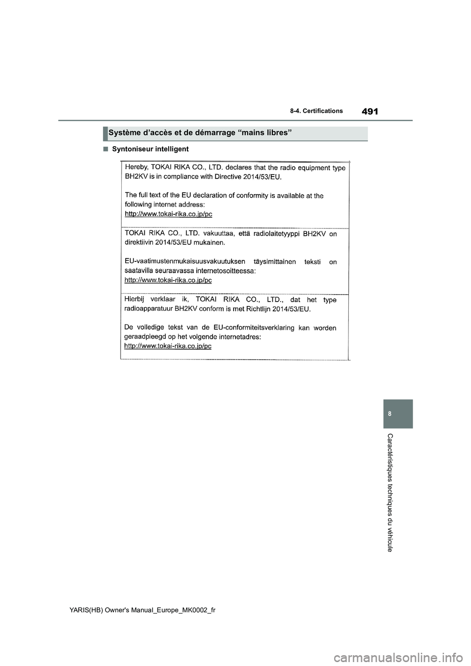 TOYOTA YARIS 2021 Notices Demploi (in French) 491
8
YARIS(HB) Owners Manual_Europe_MK0002_fr
8-4. Certifications
Caractéristiques techniques du véhicule
■Syntoniseur intelligent
Système d’accès et de démarrage “mains libres” TOYOTA YARIS 2021 Notices Demploi (in French) 491
8
YARIS(HB) Owners Manual_Europe_MK0002_fr
8-4. Certifications
Caractéristiques techniques du véhicule
■Syntoniseur intelligent
Système d’accès et de démarrage “mains libres”