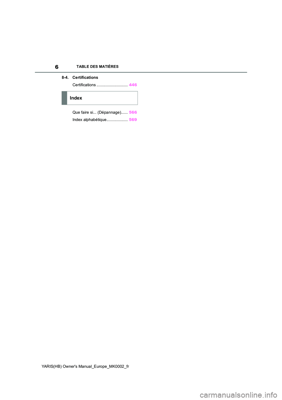 TOYOTA YARIS 2021  Notices Demploi (in French) 6
YARIS(HB) Owners Manual_Europe_MK0002_fr
TABLE DES MATIÈRES
8-4. Certifications 
Certifications ............................ 446 
Que faire si... (Dépannage)...... 566 
Index alphabétique.......