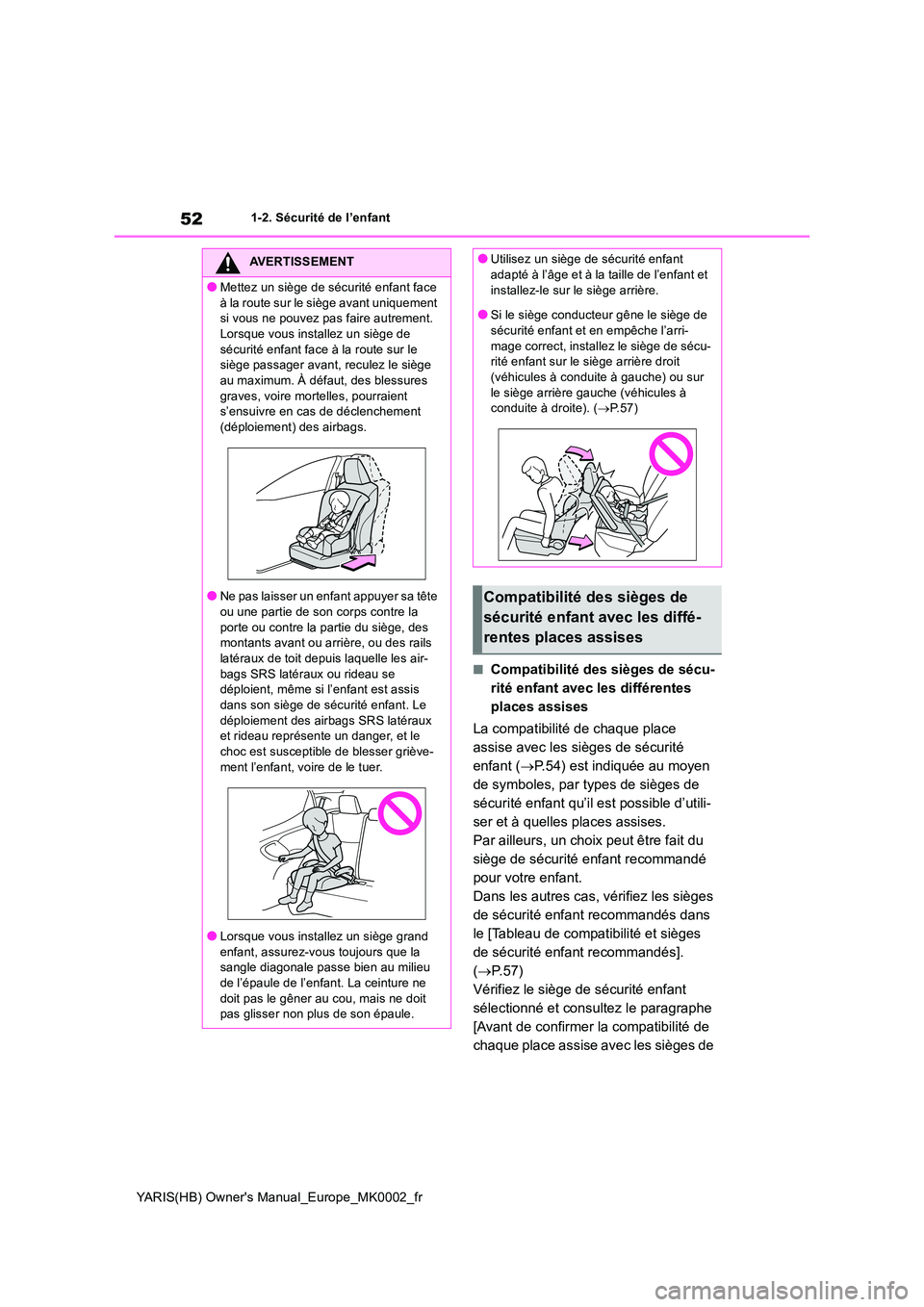 TOYOTA YARIS 2021 Notices Demploi (in French) 52
YARIS(HB) Owners Manual_Europe_MK0002_fr
1-2. Sécurité de l’enfant
■Compatibilité des sièges de sécu-
rité enfant avec les différentes
places assises
La compatibilité de chaque plac TOYOTA YARIS 2021 Notices Demploi (in French) 52
YARIS(HB) Owners Manual_Europe_MK0002_fr
1-2. Sécurité de l’enfant
■Compatibilité des sièges de sécu-
rité enfant avec les différentes
places assises
La compatibilité de chaque plac