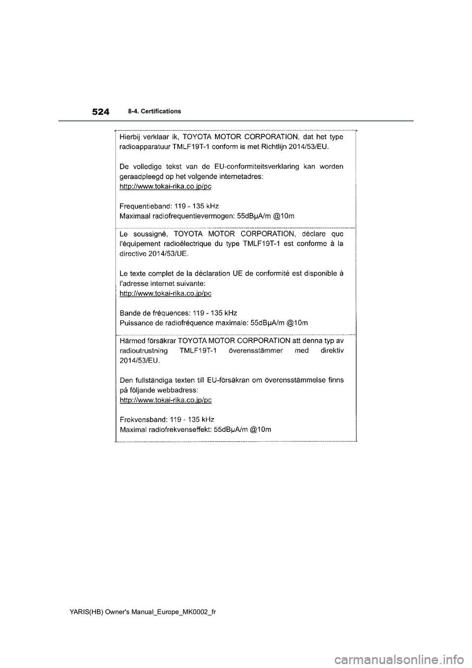 TOYOTA YARIS 2021 Notices Demploi (in French) 524
YARIS(HB) Owners Manual_Europe_MK0002_fr
8-4. Certifications TOYOTA YARIS 2021 Notices Demploi (in French) 524
YARIS(HB) Owners Manual_Europe_MK0002_fr
8-4. Certifications