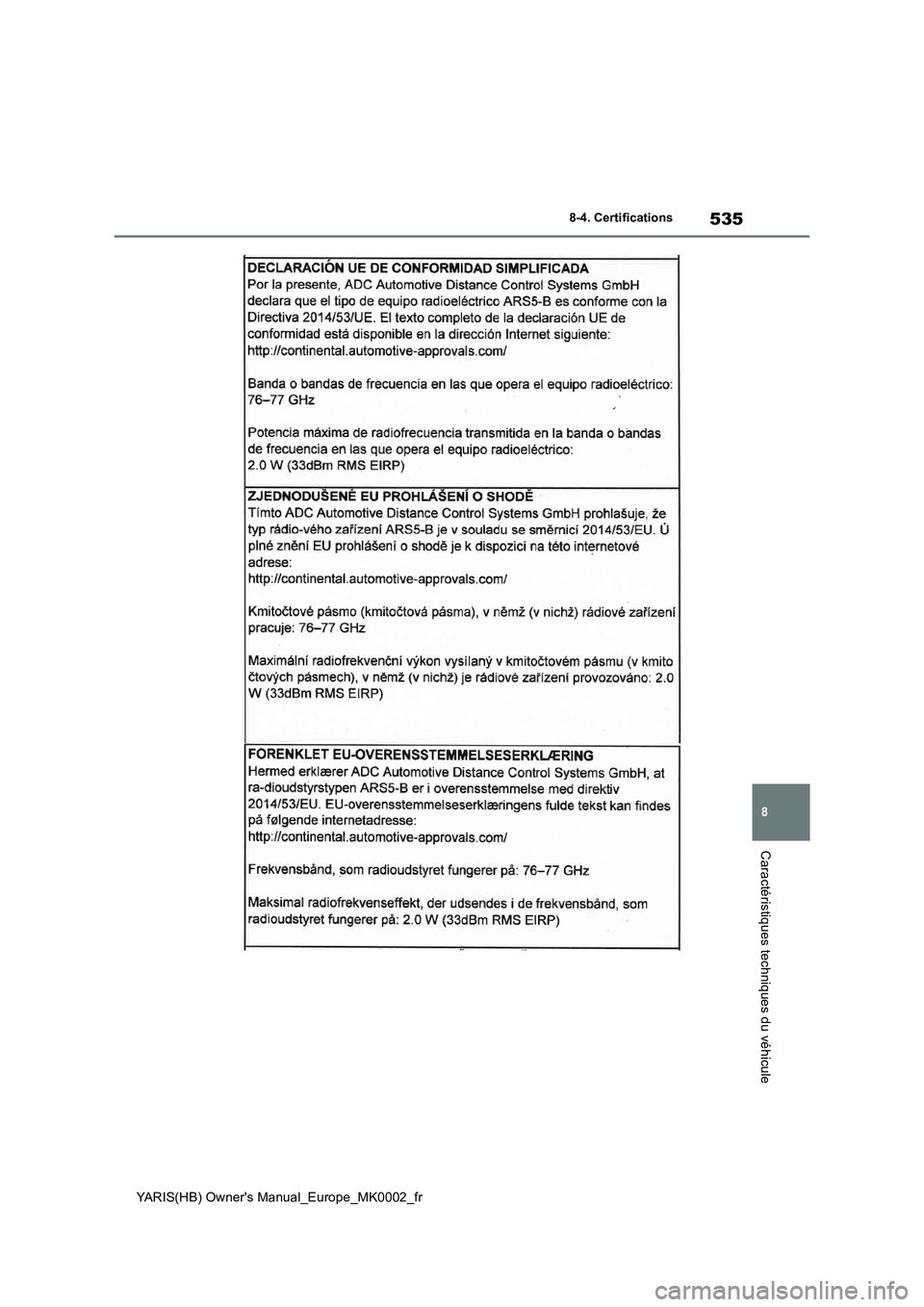 TOYOTA YARIS 2021 Notices Demploi (in French) 535
8
YARIS(HB) Owners Manual_Europe_MK0002_fr
8-4. Certifications
Caractéristiques techniques du véhicule TOYOTA YARIS 2021 Notices Demploi (in French) 535
8
YARIS(HB) Owners Manual_Europe_MK0002_fr
8-4. Certifications
Caractéristiques techniques du véhicule