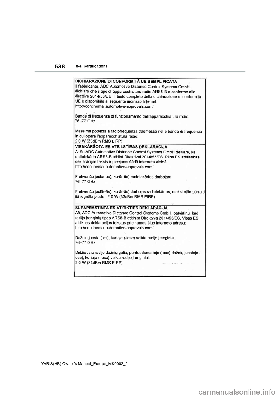 TOYOTA YARIS 2021 Notices Demploi (in French) 538
YARIS(HB) Owners Manual_Europe_MK0002_fr
8-4. Certifications TOYOTA YARIS 2021 Notices Demploi (in French) 538
YARIS(HB) Owners Manual_Europe_MK0002_fr
8-4. Certifications