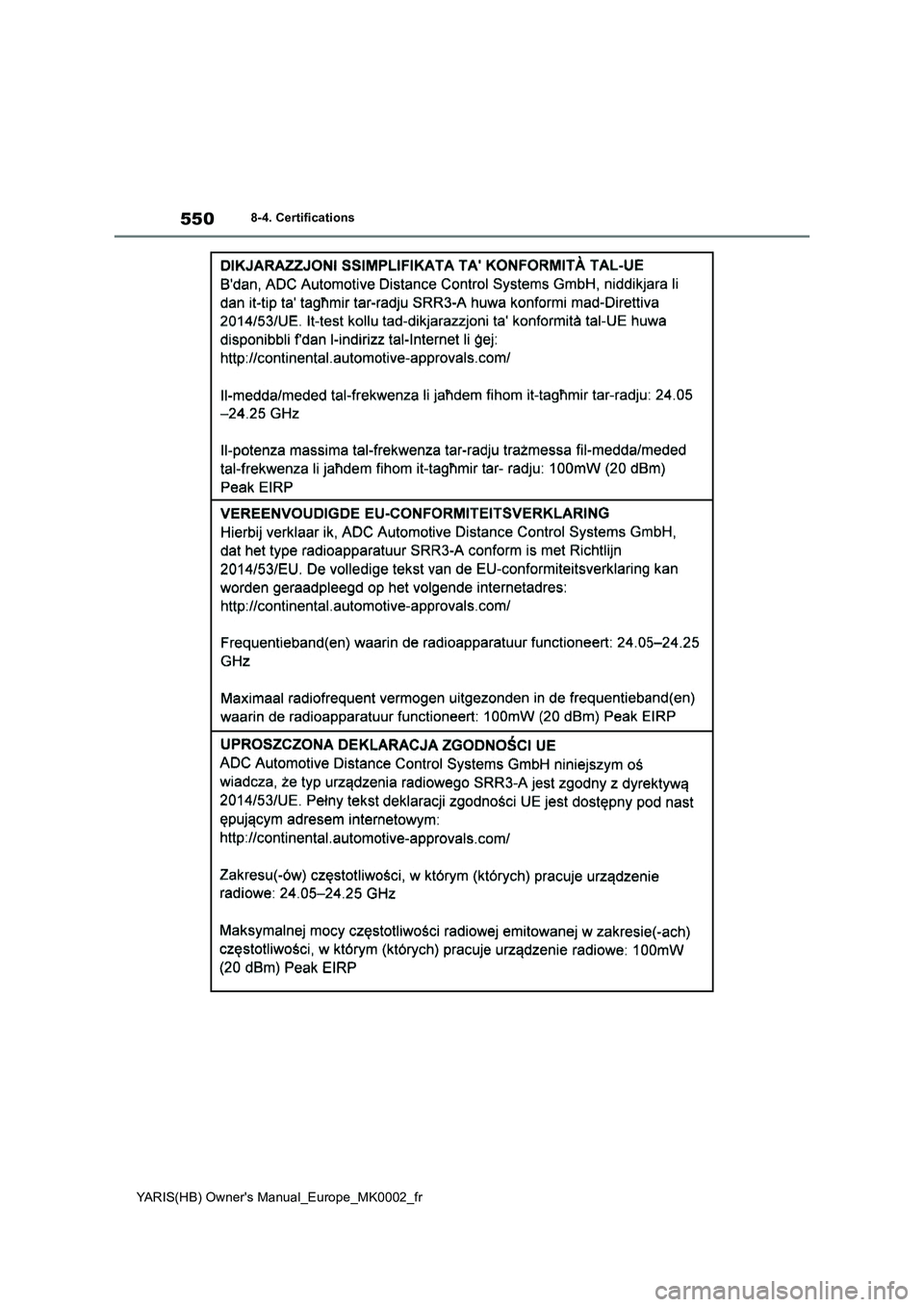 TOYOTA YARIS 2021 Notices Demploi (in French) 550
YARIS(HB) Owners Manual_Europe_MK0002_fr
8-4. Certifications TOYOTA YARIS 2021 Notices Demploi (in French) 550
YARIS(HB) Owners Manual_Europe_MK0002_fr
8-4. Certifications