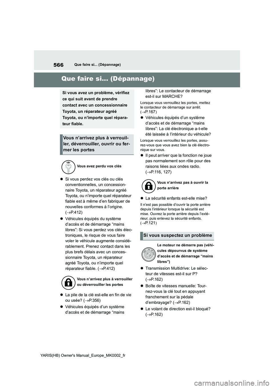 TOYOTA YARIS 2021  Notices Demploi (in French) 566
YARIS(HB) Owners Manual_Europe_MK0002_fr
Que faire si... (Dépannage)
1-1.Que fa ire si... (Dépan nage)Que faire si... (Dépannage)
�zSi vous perdez vos clés ou clés 
conventionnelles, un conc