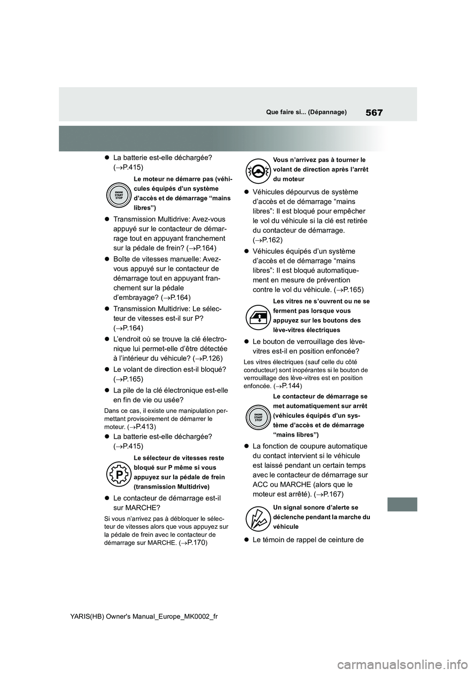 TOYOTA YARIS 2021  Notices Demploi (in French) 567
YARIS(HB) Owners Manual_Europe_MK0002_fr
Que faire si... (Dépannage)
�zLa batterie est-elle déchargée? 
(→P.415)
�zTransmission Multidrive: Avez-vous 
appuyé sur le contacteur de démar-
ra