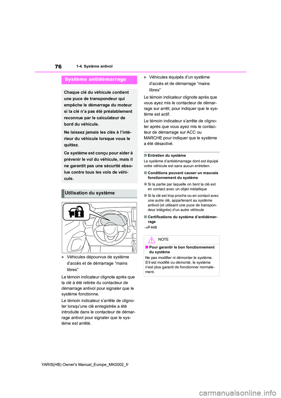 TOYOTA YARIS 2021 Notices Demploi (in French) 76
YARIS(HB) Owners Manual_Europe_MK0002_fr
1-4. Système antivol
1-4.Système antivol
Véhicules dépourvus de système
d’accès et de démarrage “mains
libres”
Le témoin indicateur c TOYOTA YARIS 2021 Notices Demploi (in French) 76
YARIS(HB) Owners Manual_Europe_MK0002_fr
1-4. Système antivol
1-4.Système antivol
Véhicules dépourvus de système
d’accès et de démarrage “mains
libres”
Le témoin indicateur c