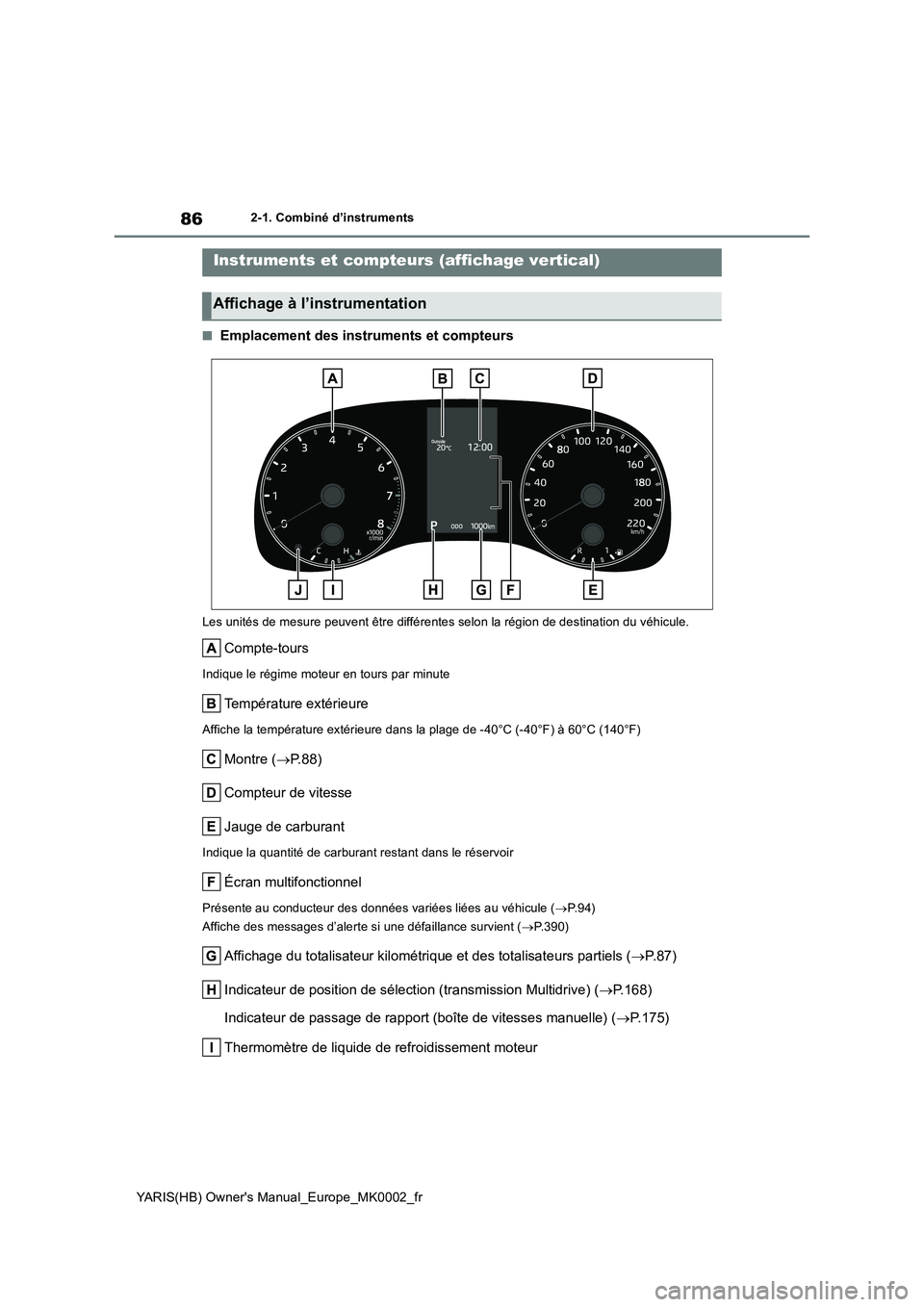 TOYOTA YARIS 2021 Notices Demploi (in French) 86
YARIS(HB) Owners Manual_Europe_MK0002_fr
2-1. Combiné d’instruments
■Emplacement des instruments et compteurs
Les unités de mesure peuvent être différentes selon la région de destination TOYOTA YARIS 2021 Notices Demploi (in French) 86
YARIS(HB) Owners Manual_Europe_MK0002_fr
2-1. Combiné d’instruments
■Emplacement des instruments et compteurs
Les unités de mesure peuvent être différentes selon la région de destination