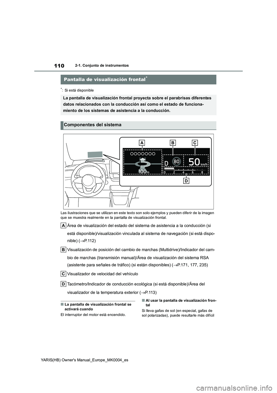 TOYOTA YARIS 2021  Manuale de Empleo (in Spanish) 110
YARIS(HB) Owners Manual_Europe_MK0004_es
2-1. Conjunto de instrumentos
*: Si está disponible
Las ilustraciones que se utilizan en este texto son solo ejemplos y pueden diferir de la imagen 
que 