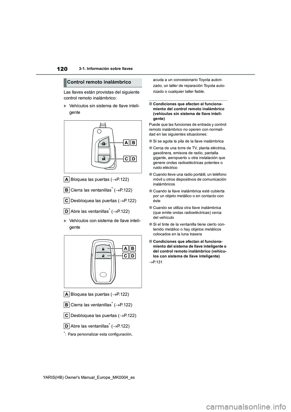 TOYOTA YARIS 2021  Manuale de Empleo (in Spanish) 120
YARIS(HB) Owners Manual_Europe_MK0004_es
3-1. Información sobre llaves
Las llaves están provistas del siguiente 
control remoto inalámbrico:
Vehículos sin sistema de llave inteli-
gente
Bl