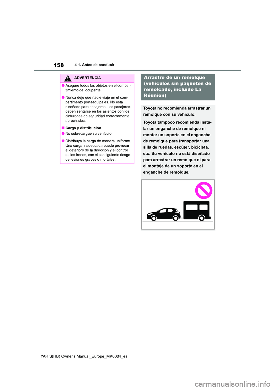 TOYOTA YARIS 2021 Manuale de Empleo (in Spanish) 158
YARIS(HB) Owners Manual_Europe_MK0004_es
4-1. Antes de conducir
ADVERTENCIA
●Asegure todos los objetos en el compar-
timiento del ocupante.
●Nunca deje que nadie viaje en el com- partimento TOYOTA YARIS 2021 Manuale de Empleo (in Spanish) 158
YARIS(HB) Owners Manual_Europe_MK0004_es
4-1. Antes de conducir
ADVERTENCIA
●Asegure todos los objetos en el compar-
timiento del ocupante.
●Nunca deje que nadie viaje en el com- partimento