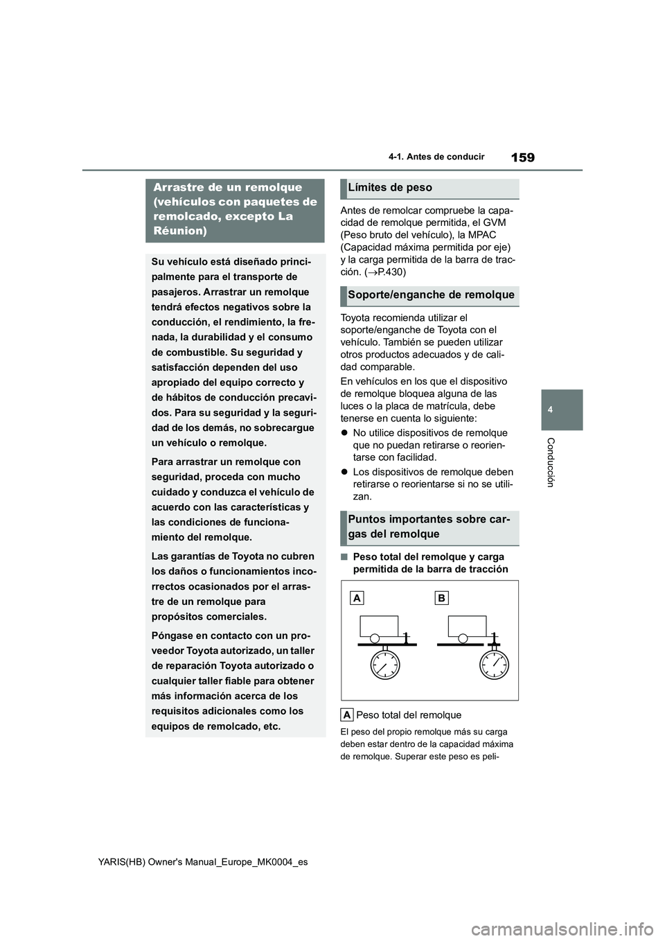 TOYOTA YARIS 2021 Manuale de Empleo (in Spanish) 159
4
YARIS(HB) Owner's Manual_Europe_MK0004_es
4-1. Antes de conducir
Conducción
Antes de remolcar compruebe la capa-
cidad de remolque permitida, el GVM
(Peso bruto del vehículo), la MPAC
(C TOYOTA YARIS 2021 Manuale de Empleo (in Spanish) 159
4
YARIS(HB) Owner's Manual_Europe_MK0004_es
4-1. Antes de conducir
Conducción
Antes de remolcar compruebe la capa-
cidad de remolque permitida, el GVM
(Peso bruto del vehículo), la MPAC
(C