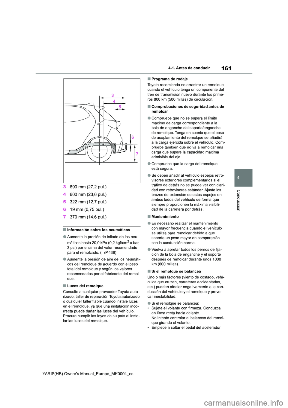 TOYOTA YARIS 2021 Manuale de Empleo (in Spanish) 161
4
YARIS(HB) Owners Manual_Europe_MK0004_es
4-1. Antes de conducir
Conducción3690 mm (27,2 pul.)
4 600 mm (23,6 pul.)
5 322 mm (12,7 pul.)
6 19 mm (0,75 pul.)
7 370 mm (14,6 pul.)
■Informac TOYOTA YARIS 2021 Manuale de Empleo (in Spanish) 161
4
YARIS(HB) Owners Manual_Europe_MK0004_es
4-1. Antes de conducir
Conducción3690 mm (27,2 pul.)
4 600 mm (23,6 pul.)
5 322 mm (12,7 pul.)
6 19 mm (0,75 pul.)
7 370 mm (14,6 pul.)
■Informac