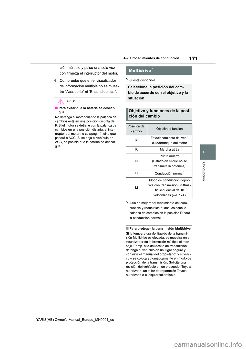 TOYOTA YARIS 2021 Manuale de Empleo (in Spanish) 171
4
YARIS(HB) Owners Manual_Europe_MK0004_es
4-2. Procedimientos de conducción
Conducción
ción múltiple y pulse una sola vez
con firmeza el interruptor del motor.
4 Compruebe que en el visua TOYOTA YARIS 2021 Manuale de Empleo (in Spanish) 171
4
YARIS(HB) Owners Manual_Europe_MK0004_es
4-2. Procedimientos de conducción
Conducción
ción múltiple y pulse una sola vez
con firmeza el interruptor del motor.
4 Compruebe que en el visua