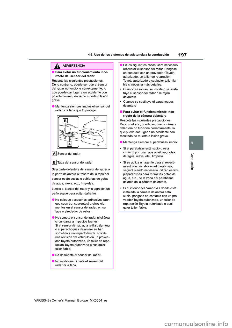 TOYOTA YARIS 2021  Manuale de Empleo (in Spanish) 197
4
YARIS(HB) Owners Manual_Europe_MK0004_es
4-5. Uso de los sistemas de asistencia a la conducción
Conducción
ADVERTENCIA
■Para evitar un funcionamiento inco- 
rrecto del sensor del radar 
Res