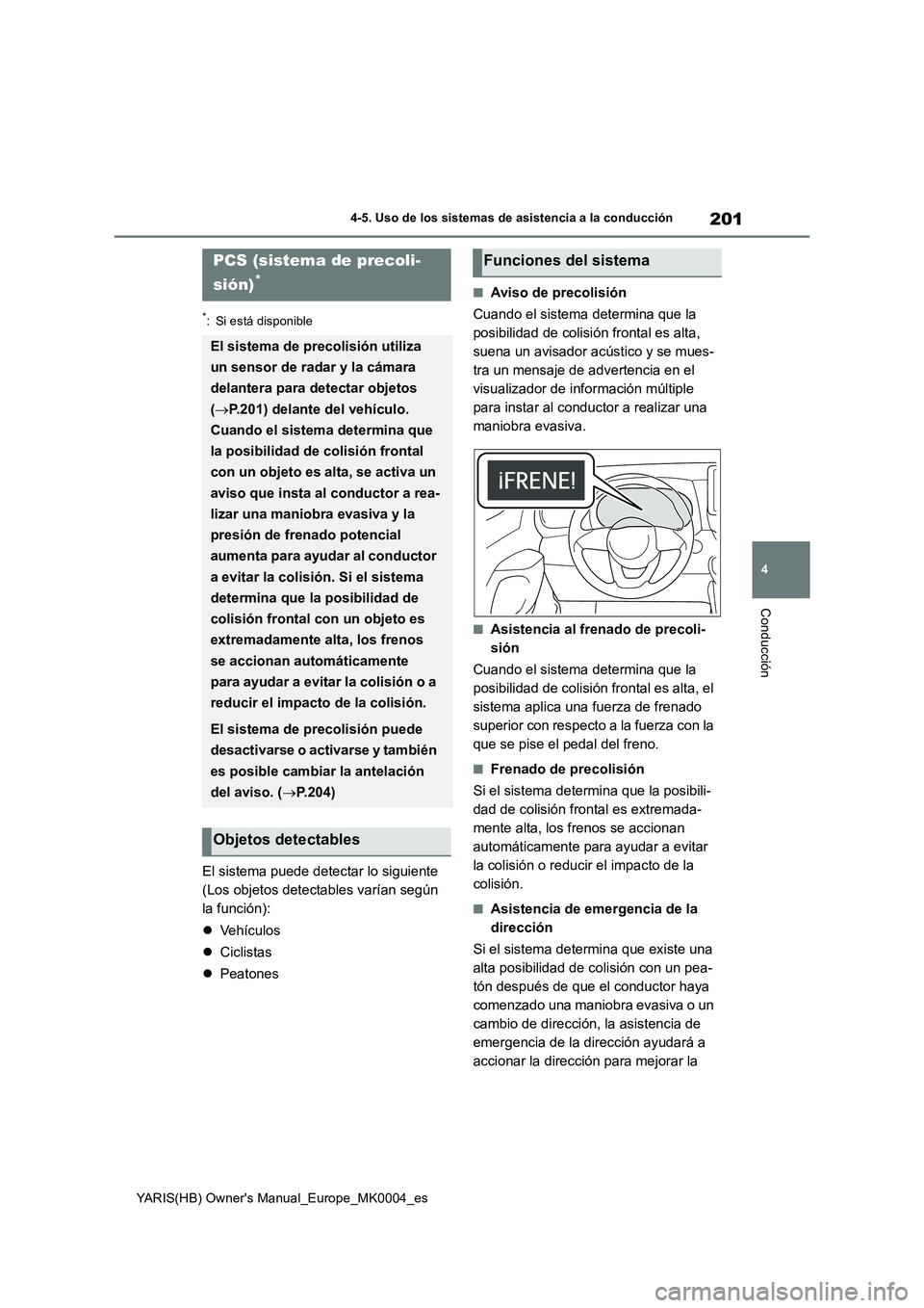 TOYOTA YARIS 2021 Manuale de Empleo (in Spanish) 201
4
YARIS(HB) Owners Manual_Europe_MK0004_es
4-5. Uso de los sistemas de asistencia a la conducción
Conducción
*: Si está disponible
El sistema puede detectar lo siguiente
(Los objetos detectab TOYOTA YARIS 2021 Manuale de Empleo (in Spanish) 201
4
YARIS(HB) Owners Manual_Europe_MK0004_es
4-5. Uso de los sistemas de asistencia a la conducción
Conducción
*: Si está disponible
El sistema puede detectar lo siguiente
(Los objetos detectab