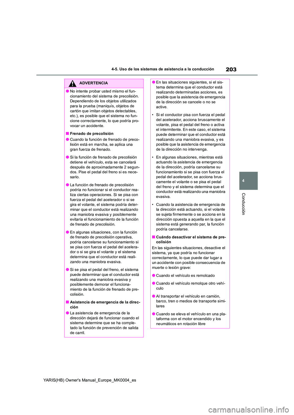 TOYOTA YARIS 2021 Manuale de Empleo (in Spanish) 203
4
YARIS(HB) Owners Manual_Europe_MK0004_es
4-5. Uso de los sistemas de asistencia a la conducción
Conducción
ADVERTENCIA
●No intente probar usted mismo el fun-
cionamiento del sistema de pre TOYOTA YARIS 2021 Manuale de Empleo (in Spanish) 203
4
YARIS(HB) Owners Manual_Europe_MK0004_es
4-5. Uso de los sistemas de asistencia a la conducción
Conducción
ADVERTENCIA
●No intente probar usted mismo el fun-
cionamiento del sistema de pre
