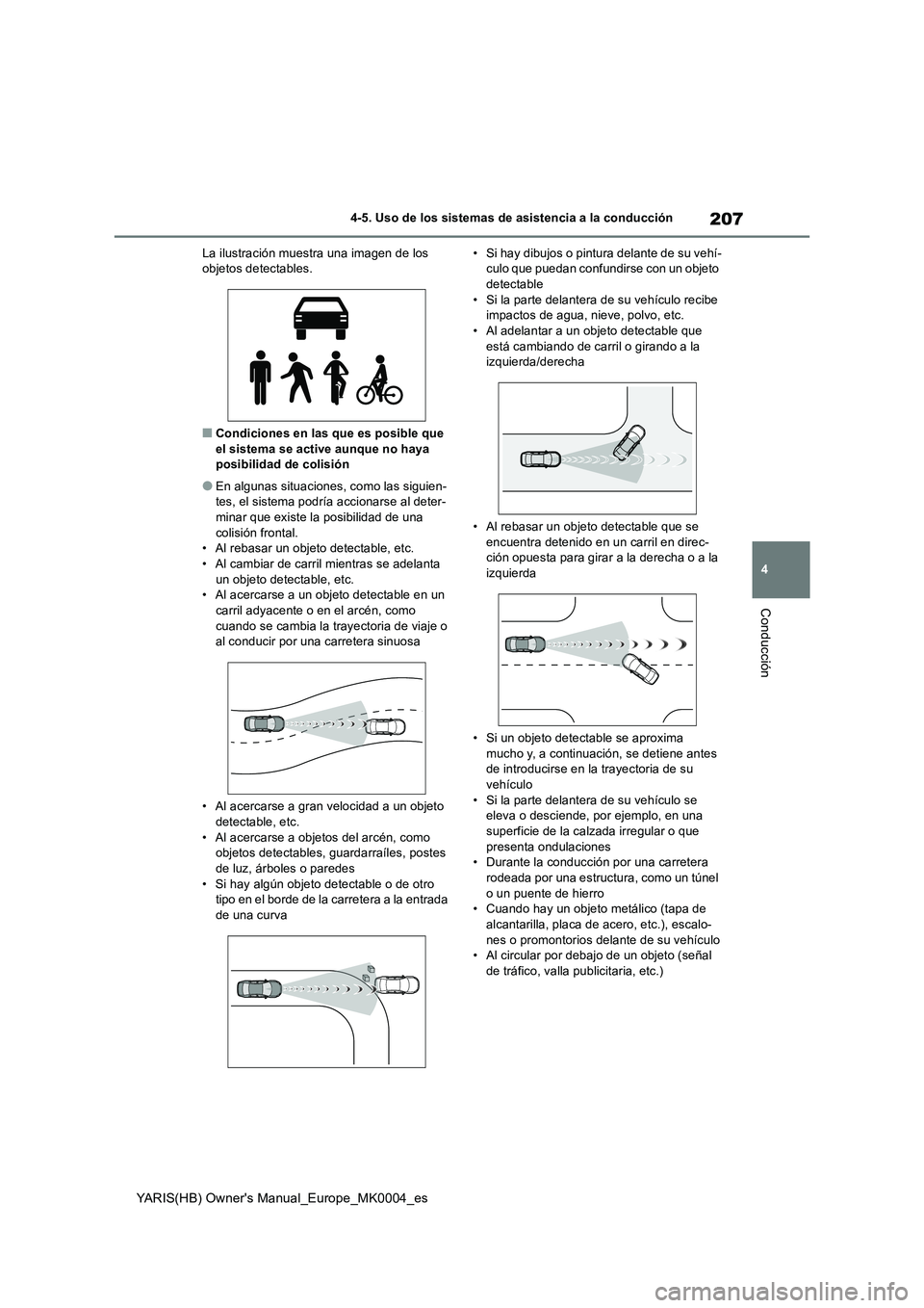 TOYOTA YARIS 2021 Manuale de Empleo (in Spanish) 207
4
YARIS(HB) Owners Manual_Europe_MK0004_es
4-5. Uso de los sistemas de asistencia a la conducción
Conducción
La ilustración muestra una imagen de los objetos detectables.
■Condiciones en la TOYOTA YARIS 2021 Manuale de Empleo (in Spanish) 207
4
YARIS(HB) Owners Manual_Europe_MK0004_es
4-5. Uso de los sistemas de asistencia a la conducción
Conducción
La ilustración muestra una imagen de los objetos detectables.
■Condiciones en la