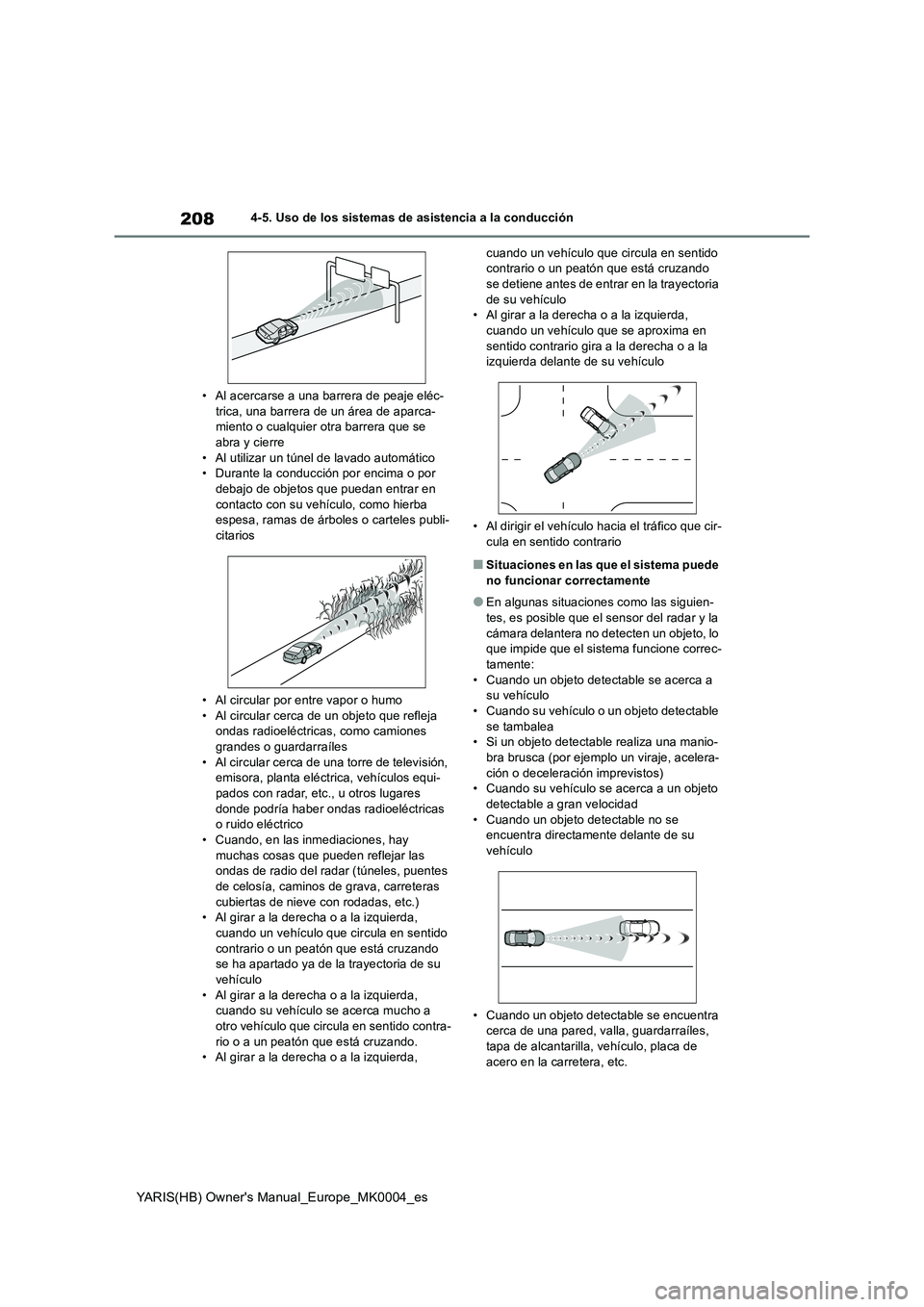 TOYOTA YARIS 2021 Manuale de Empleo (in Spanish) 208
YARIS(HB) Owners Manual_Europe_MK0004_es
4-5. Uso de los sistemas de asistencia a la conducción
• Al acercarse a una barrera de peaje eléc-
trica, una barrera de un área de aparca-
miento o TOYOTA YARIS 2021 Manuale de Empleo (in Spanish) 208
YARIS(HB) Owners Manual_Europe_MK0004_es
4-5. Uso de los sistemas de asistencia a la conducción
• Al acercarse a una barrera de peaje eléc-
trica, una barrera de un área de aparca-
miento o