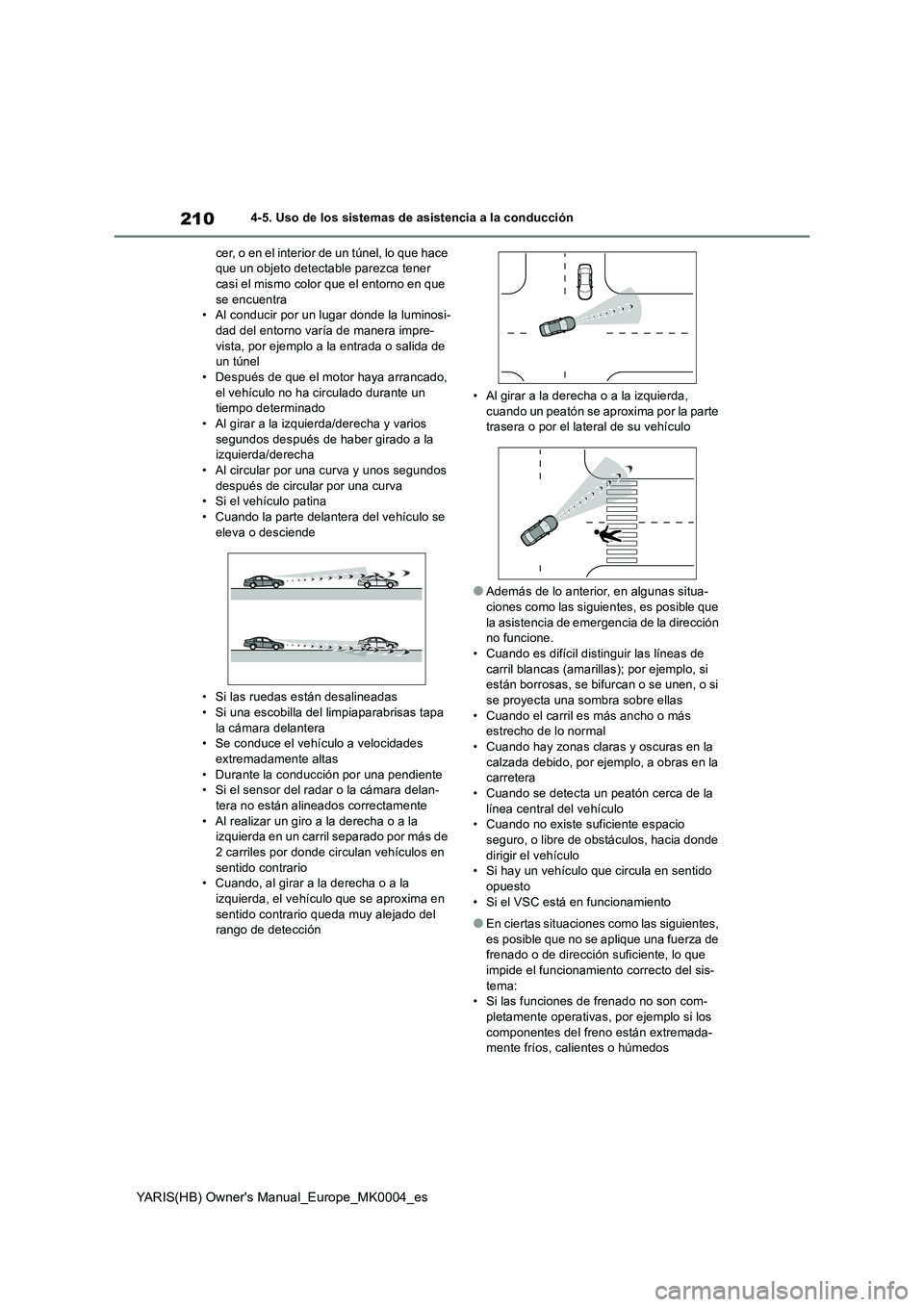 TOYOTA YARIS 2021 Manuale de Empleo (in Spanish) 210
YARIS(HB) Owners Manual_Europe_MK0004_es
4-5. Uso de los sistemas de asistencia a la conducción
cer, o en el interior de un túnel, lo que hace
que un objeto detectable parezca tener
casi el m TOYOTA YARIS 2021 Manuale de Empleo (in Spanish) 210
YARIS(HB) Owners Manual_Europe_MK0004_es
4-5. Uso de los sistemas de asistencia a la conducción
cer, o en el interior de un túnel, lo que hace
que un objeto detectable parezca tener
casi el m