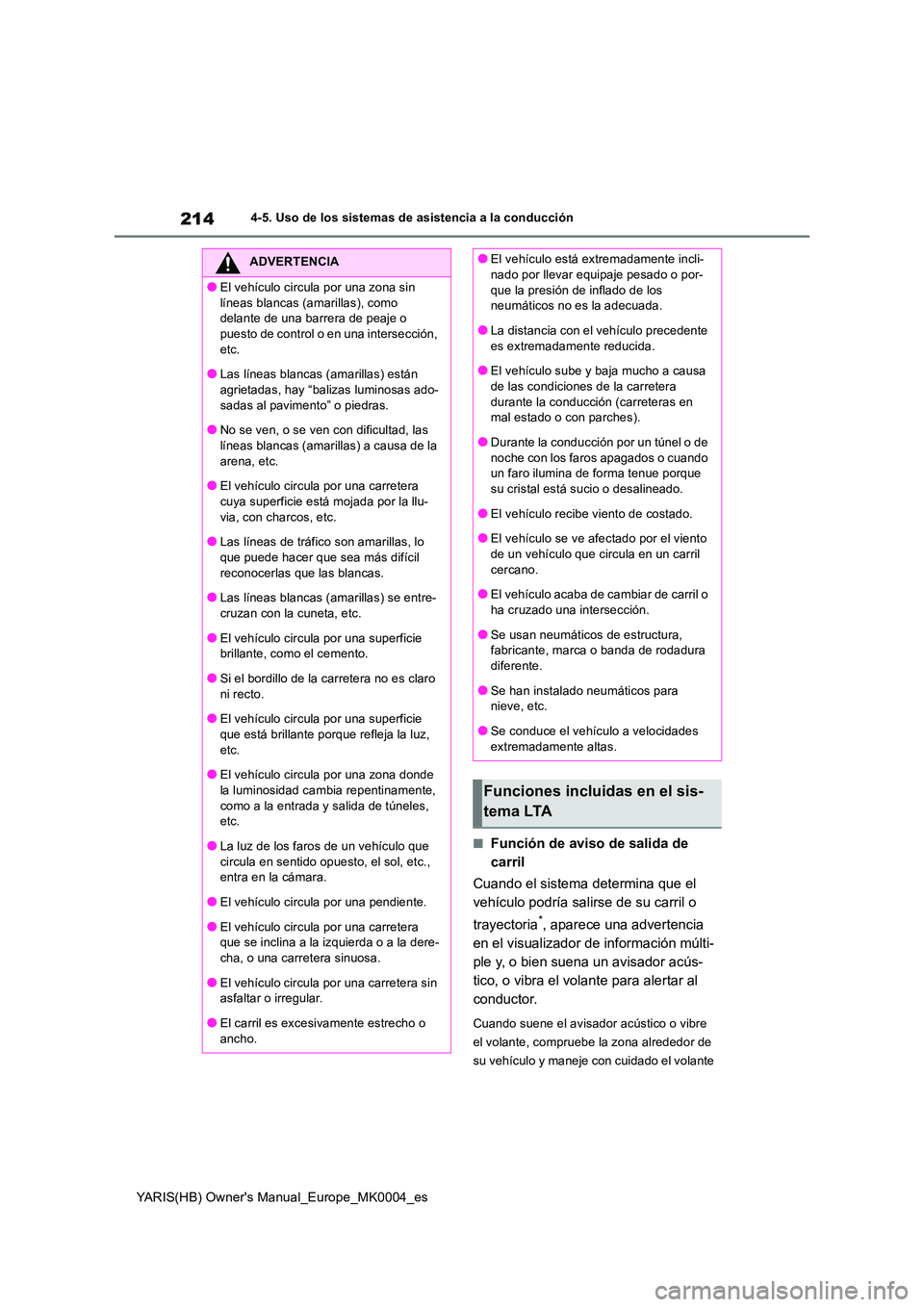 TOYOTA YARIS 2021 Manuale de Empleo (in Spanish) 214
YARIS(HB) Owners Manual_Europe_MK0004_es
4-5. Uso de los sistemas de asistencia a la conducción
■Función de aviso de salida de
carril
Cuando el sistema determina que el
vehículo podría TOYOTA YARIS 2021 Manuale de Empleo (in Spanish) 214
YARIS(HB) Owners Manual_Europe_MK0004_es
4-5. Uso de los sistemas de asistencia a la conducción
■Función de aviso de salida de
carril
Cuando el sistema determina que el
vehículo podría