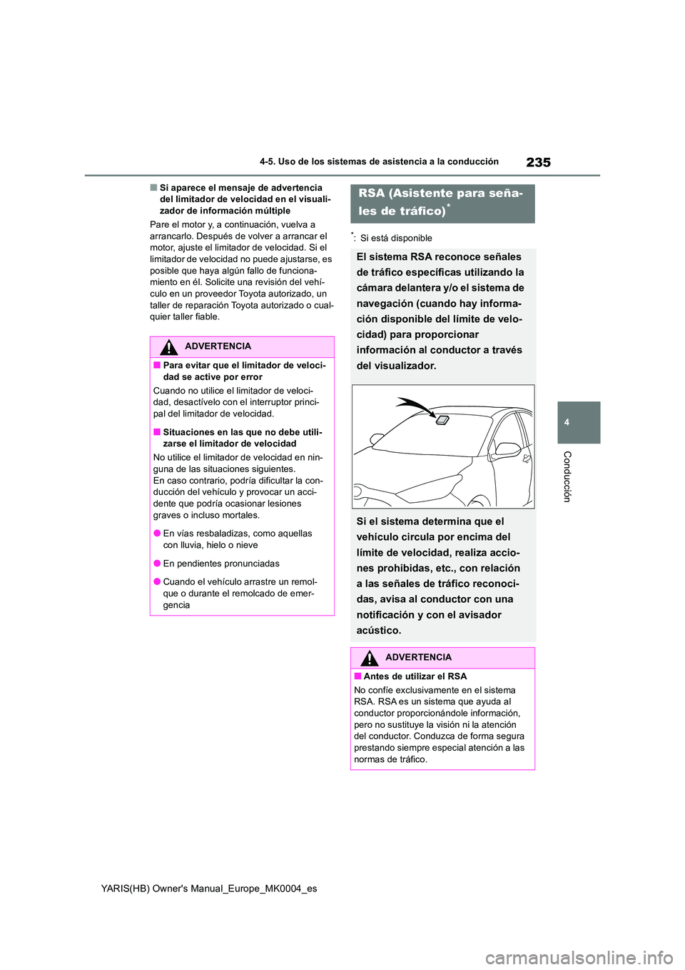 TOYOTA YARIS 2021 Manuale de Empleo (in Spanish) 235
4
YARIS(HB) Owners Manual_Europe_MK0004_es
4-5. Uso de los sistemas de asistencia a la conducción
Conducción
■Si aparece el mensaje de advertencia del limitador de velocidad en el visuali-za TOYOTA YARIS 2021 Manuale de Empleo (in Spanish) 235
4
YARIS(HB) Owners Manual_Europe_MK0004_es
4-5. Uso de los sistemas de asistencia a la conducción
Conducción
■Si aparece el mensaje de advertencia del limitador de velocidad en el visuali-za