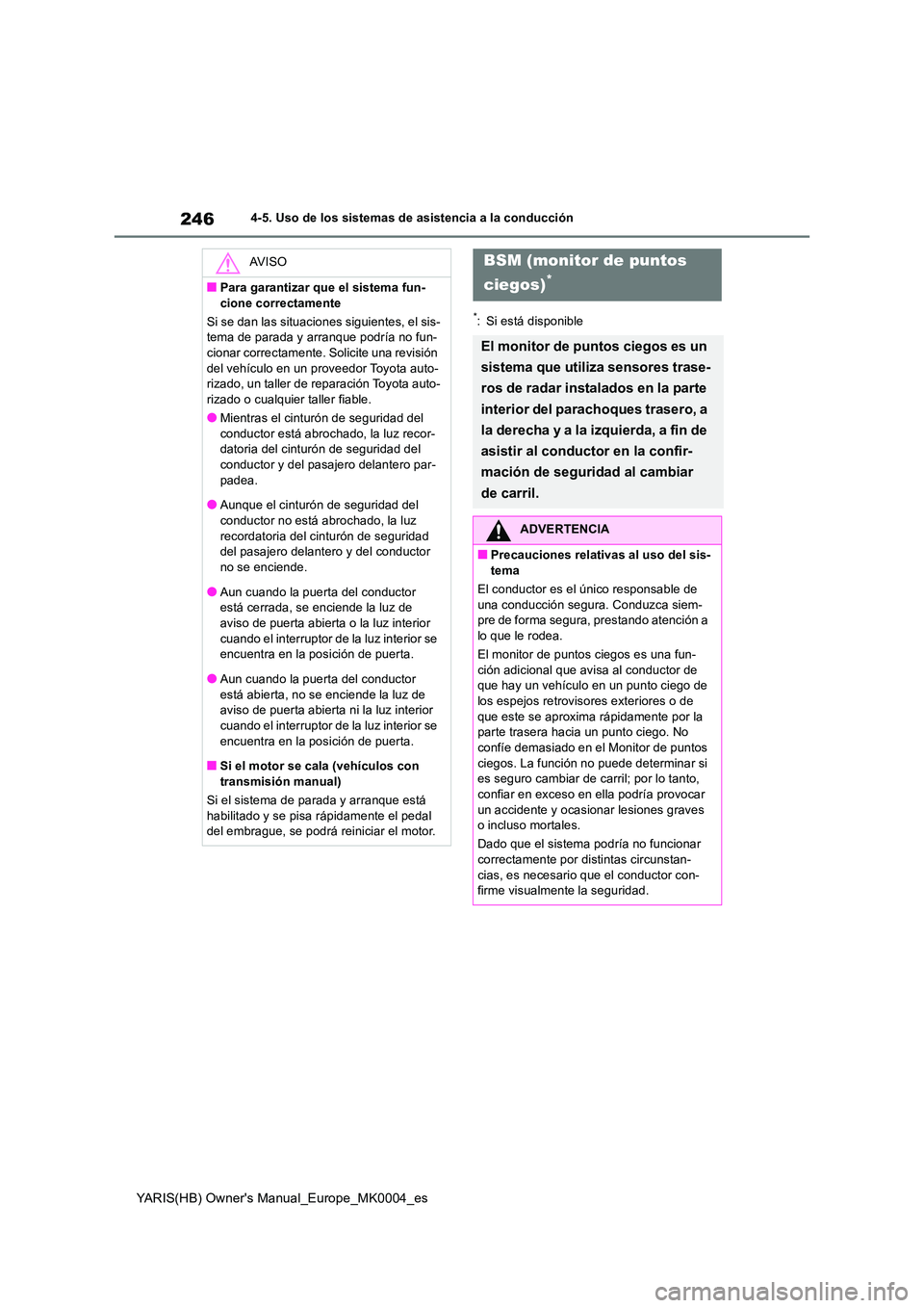 TOYOTA YARIS 2021 Manuale de Empleo (in Spanish) 246
YARIS(HB) Owners Manual_Europe_MK0004_es
4-5. Uso de los sistemas de asistencia a la conducción
*: Si está disponible
AV I S O
■Para garantizar que el sistema fun-
cione correctamente
Si se TOYOTA YARIS 2021 Manuale de Empleo (in Spanish) 246
YARIS(HB) Owners Manual_Europe_MK0004_es
4-5. Uso de los sistemas de asistencia a la conducción
*: Si está disponible
AV I S O
■Para garantizar que el sistema fun-
cione correctamente
Si se