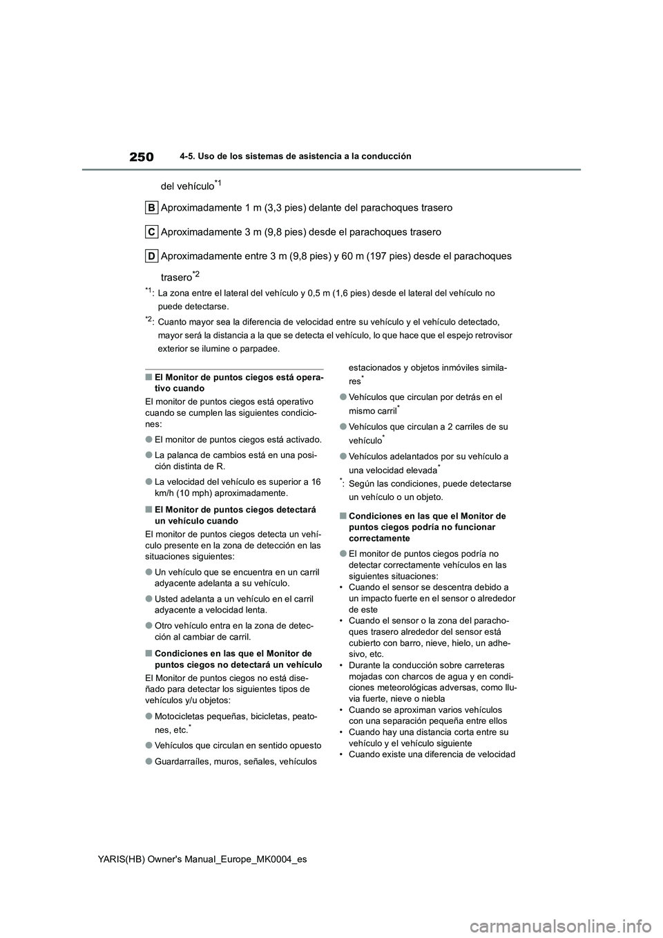 TOYOTA YARIS 2021 Manuale de Empleo (in Spanish) 250
YARIS(HB) Owners Manual_Europe_MK0004_es
4-5. Uso de los sistemas de asistencia a la conducción
del vehículo*1
Aproximadamente 1 m (3,3 pies) delante del parachoques trasero
Aproximadamente 3 m TOYOTA YARIS 2021 Manuale de Empleo (in Spanish) 250
YARIS(HB) Owners Manual_Europe_MK0004_es
4-5. Uso de los sistemas de asistencia a la conducción
del vehículo*1
Aproximadamente 1 m (3,3 pies) delante del parachoques trasero
Aproximadamente 3 m