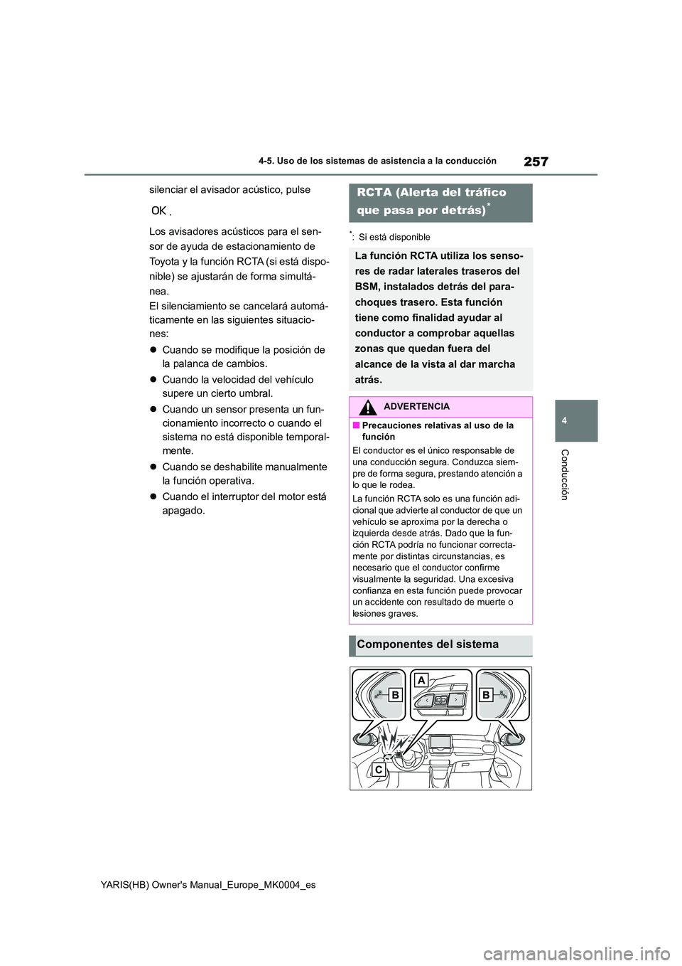 TOYOTA YARIS 2021 Manuale de Empleo (in Spanish) 257
4
YARIS(HB) Owners Manual_Europe_MK0004_es
4-5. Uso de los sistemas de asistencia a la conducción
Conducción
silenciar el avisador acústico, pulse
.
Los avisadores acústicos para el sen-
TOYOTA YARIS 2021 Manuale de Empleo (in Spanish) 257
4
YARIS(HB) Owners Manual_Europe_MK0004_es
4-5. Uso de los sistemas de asistencia a la conducción
Conducción
silenciar el avisador acústico, pulse
.
Los avisadores acústicos para el sen-