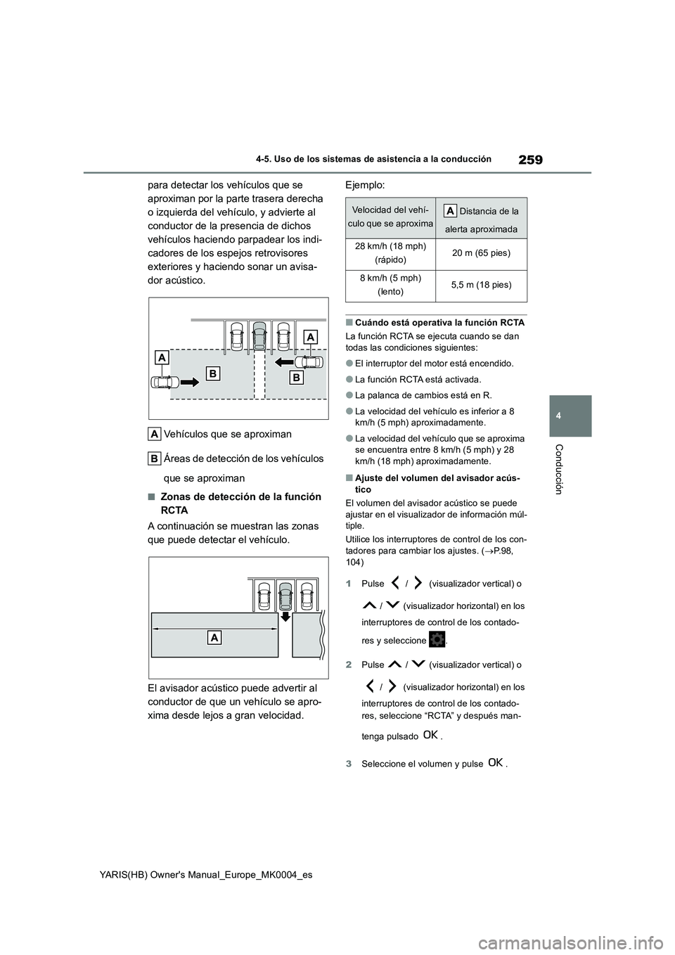 TOYOTA YARIS 2021 Manuale de Empleo (in Spanish) 259
4
YARIS(HB) Owners Manual_Europe_MK0004_es
4-5. Uso de los sistemas de asistencia a la conducción
Conducción
para detectar los vehículos que se
aproximan por la parte trasera derecha
o izqu TOYOTA YARIS 2021 Manuale de Empleo (in Spanish) 259
4
YARIS(HB) Owners Manual_Europe_MK0004_es
4-5. Uso de los sistemas de asistencia a la conducción
Conducción
para detectar los vehículos que se
aproximan por la parte trasera derecha
o izqu