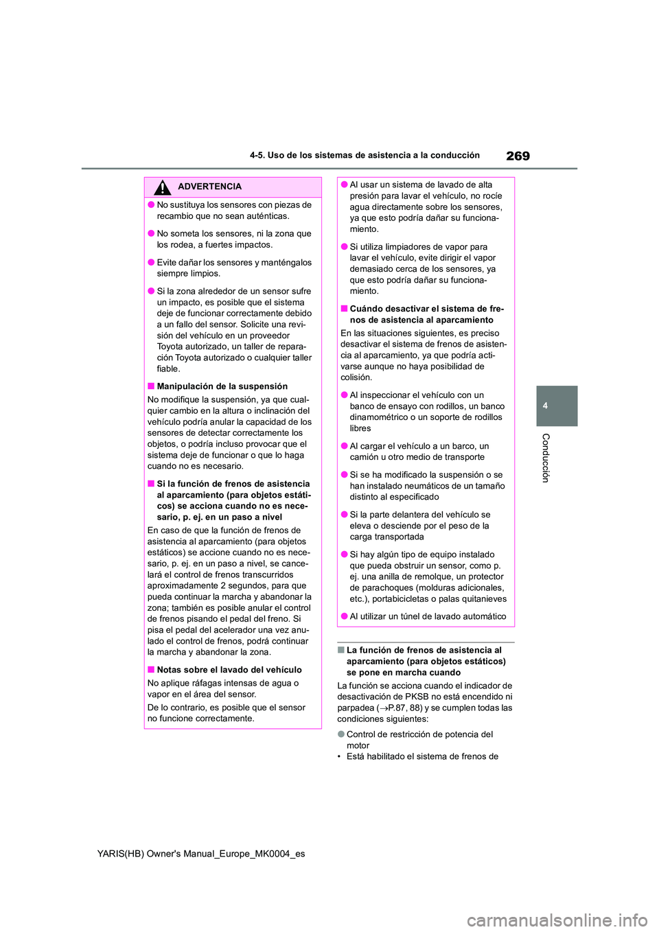 TOYOTA YARIS 2021  Manuale de Empleo (in Spanish) 269
4
YARIS(HB) Owners Manual_Europe_MK0004_es
4-5. Uso de los sistemas de asistencia a la conducción
Conducción
■La función de frenos de asistencia al  
aparcamiento (para objetos estáticos)  