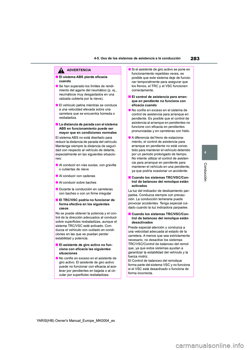 TOYOTA YARIS 2021 Manuale de Empleo (in Spanish) 283
4
YARIS(HB) Owners Manual_Europe_MK0004_es
4-5. Uso de los sistemas de asistencia a la conducción
Conducción
ADVERTENCIA
■El sistema ABS pierde eficacia
cuando
●Se han superado los límit TOYOTA YARIS 2021 Manuale de Empleo (in Spanish) 283
4
YARIS(HB) Owners Manual_Europe_MK0004_es
4-5. Uso de los sistemas de asistencia a la conducción
Conducción
ADVERTENCIA
■El sistema ABS pierde eficacia
cuando
●Se han superado los límit