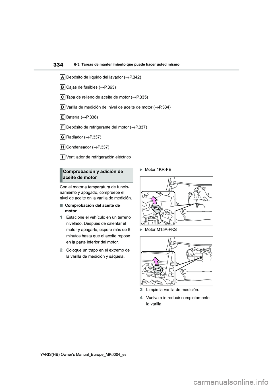 TOYOTA YARIS 2021 Manuale de Empleo (in Spanish) 334
YARIS(HB) Owners Manual_Europe_MK0004_es
6-3. Tareas de mantenimiento que puede hacer usted mismo
Depósito de líquido del lavador (→P.342)
Cajas de fusibles (→P.363)
Tapa de relleno de acei TOYOTA YARIS 2021 Manuale de Empleo (in Spanish) 334
YARIS(HB) Owners Manual_Europe_MK0004_es
6-3. Tareas de mantenimiento que puede hacer usted mismo
Depósito de líquido del lavador (→P.342)
Cajas de fusibles (→P.363)
Tapa de relleno de acei