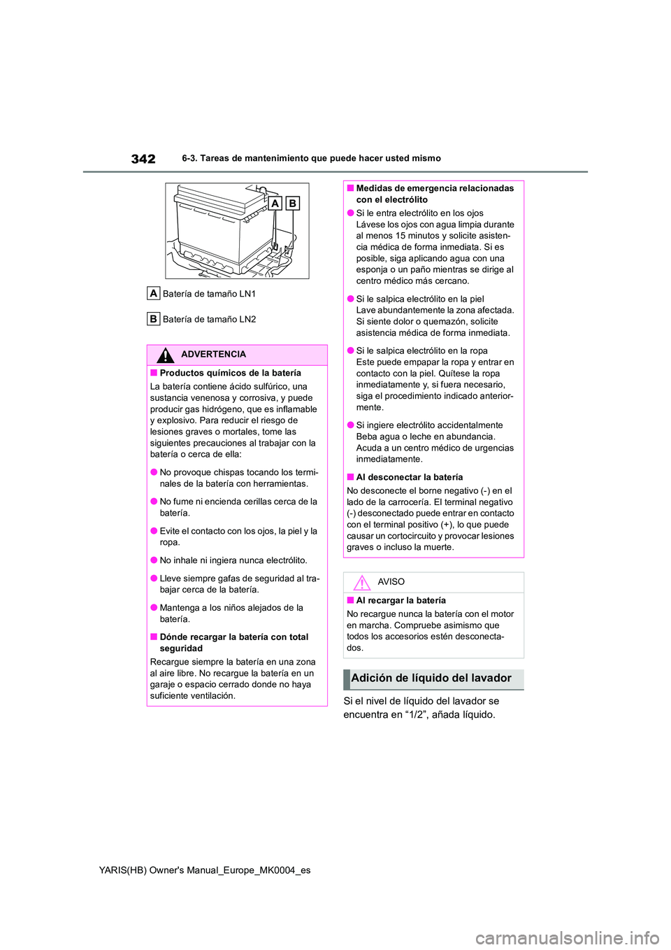 TOYOTA YARIS 2021 Manuale de Empleo (in Spanish) 342
YARIS(HB) Owners Manual_Europe_MK0004_es
6-3. Tareas de mantenimiento que puede hacer usted mismo
Batería de tamaño LN1
Batería de tamaño LN2
Si el nivel de líquido del lavador se
encuen TOYOTA YARIS 2021 Manuale de Empleo (in Spanish) 342
YARIS(HB) Owners Manual_Europe_MK0004_es
6-3. Tareas de mantenimiento que puede hacer usted mismo
Batería de tamaño LN1
Batería de tamaño LN2
Si el nivel de líquido del lavador se
encuen