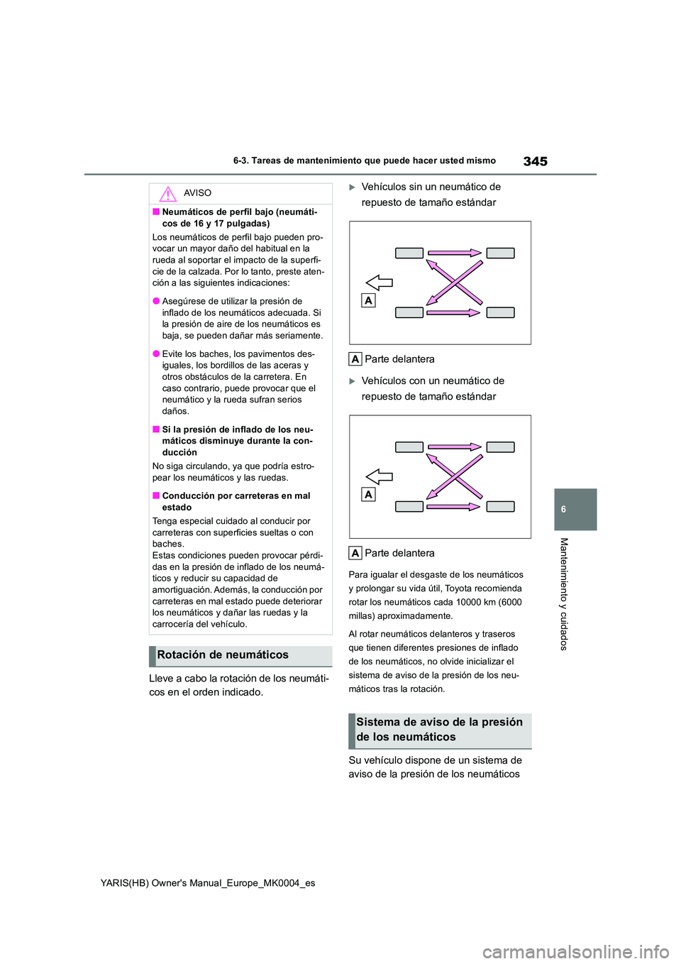 TOYOTA YARIS 2021 Manuale de Empleo (in Spanish) 345
6
YARIS(HB) Owners Manual_Europe_MK0004_es
6-3. Tareas de mantenimiento que puede hacer usted mismo
Mantenimiento y cuidados
Lleve a cabo la rotación de los neumáti-
cos en el orden indicado.
TOYOTA YARIS 2021 Manuale de Empleo (in Spanish) 345
6
YARIS(HB) Owners Manual_Europe_MK0004_es
6-3. Tareas de mantenimiento que puede hacer usted mismo
Mantenimiento y cuidados
Lleve a cabo la rotación de los neumáti-
cos en el orden indicado.