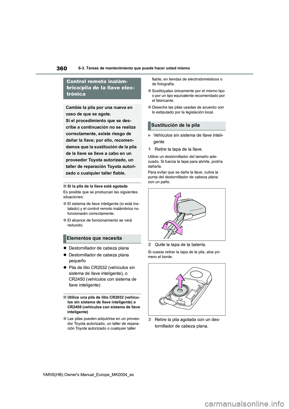 TOYOTA YARIS 2021  Manuale de Empleo (in Spanish) 360
YARIS(HB) Owners Manual_Europe_MK0004_es
6-3. Tareas de mantenimiento que puede hacer usted mismo
■Si la pila de la llave está agotada
Es posible que se produzcan las siguientes 
situaciones:
