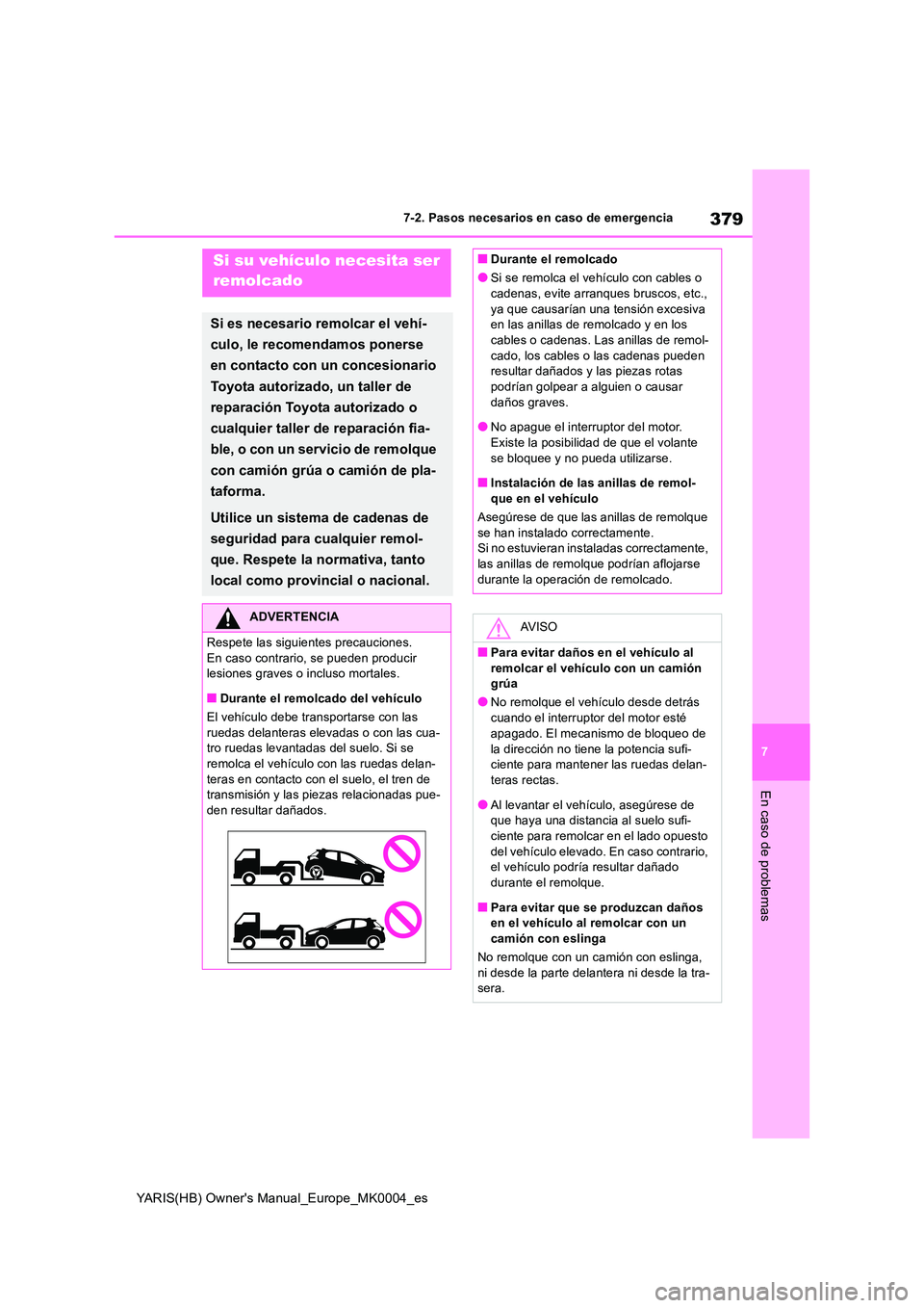 TOYOTA YARIS 2021  Manuale de Empleo (in Spanish) 379
7
YARIS(HB) Owners Manual_Europe_MK0004_es
7-2. Pasos necesarios en caso de emergencia
En caso de problemas
7-2.Paso s neces arios  en  c aso de emergenc iaSi su vehículo necesita ser  
remolcad
