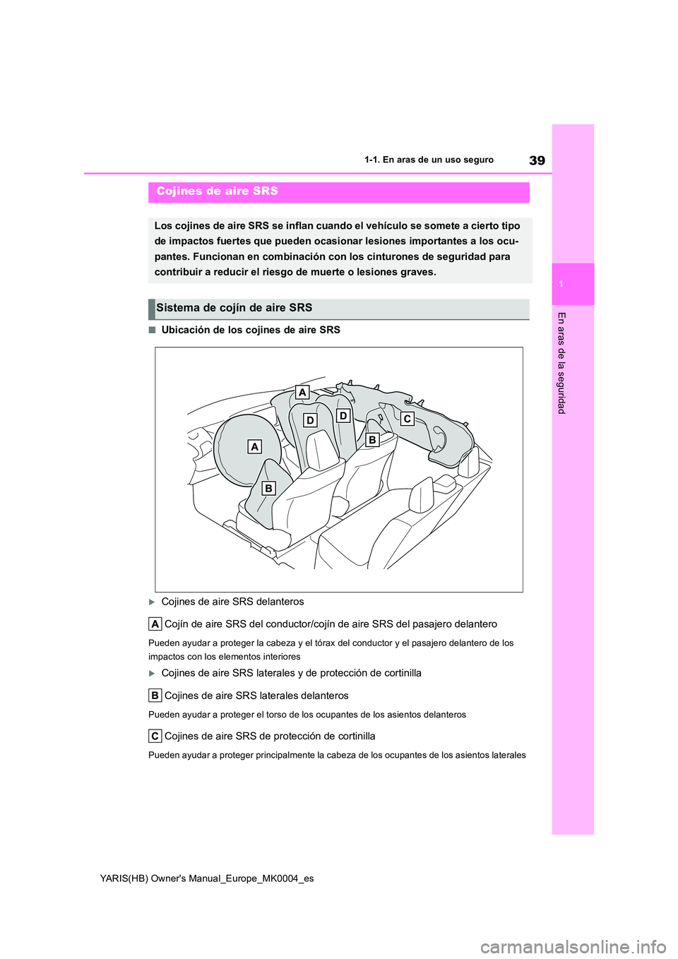 TOYOTA YARIS 2021  Manuale de Empleo (in Spanish) 39
1
YARIS(HB) Owners Manual_Europe_MK0004_es
1-1. En aras de un uso seguro
En aras de la seguridad
■Ubicación de los cojines de aire SRS
Cojines de aire SRS delanteros 
Cojín de aire SRS del 