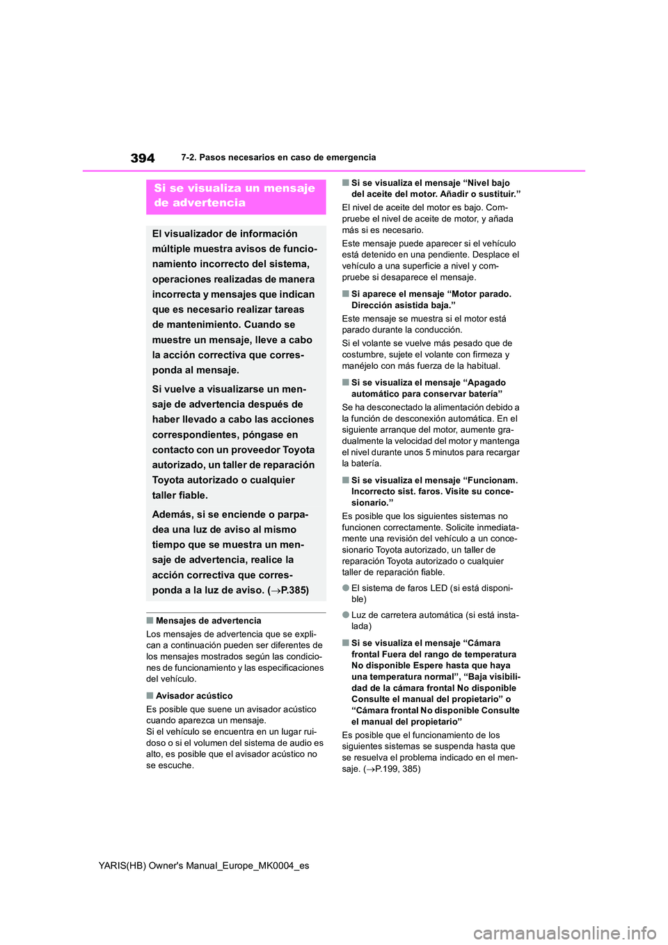TOYOTA YARIS 2021 Manuale de Empleo (in Spanish) 394
YARIS(HB) Owners Manual_Europe_MK0004_es
7-2. Pasos necesarios en caso de emergencia
■Mensajes de advertencia
Los mensajes de advertencia que se expli- can a continuación pueden ser diferente TOYOTA YARIS 2021 Manuale de Empleo (in Spanish) 394
YARIS(HB) Owners Manual_Europe_MK0004_es
7-2. Pasos necesarios en caso de emergencia
■Mensajes de advertencia
Los mensajes de advertencia que se expli- can a continuación pueden ser diferente