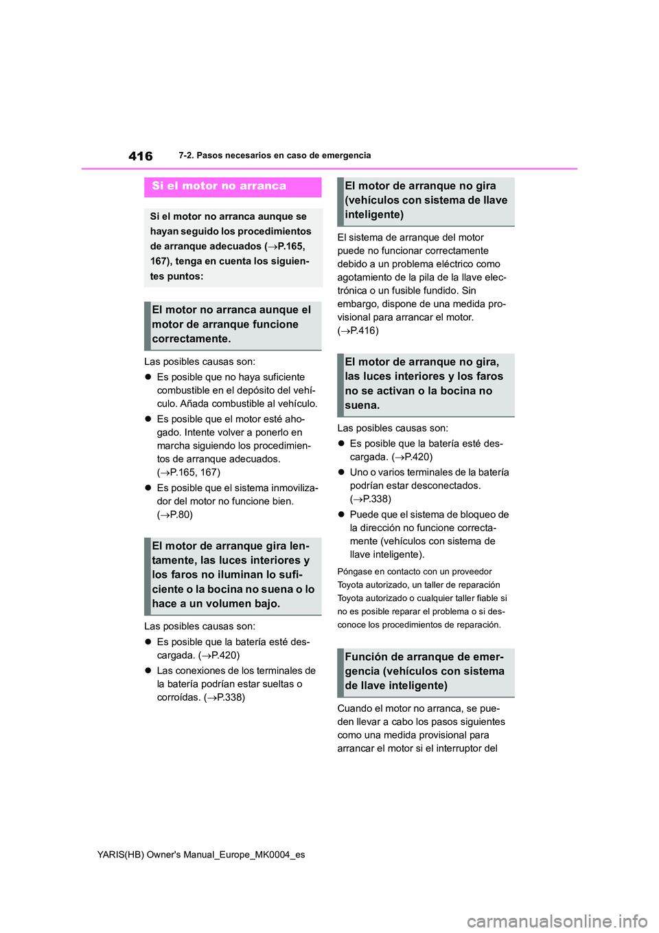 TOYOTA YARIS 2021  Manuale de Empleo (in Spanish) 416
YARIS(HB) Owners Manual_Europe_MK0004_es
7-2. Pasos necesarios en caso de emergencia
Las posibles causas son: 
�z Es posible que no haya suficiente  
combustible en el depósito del vehí-
culo. 