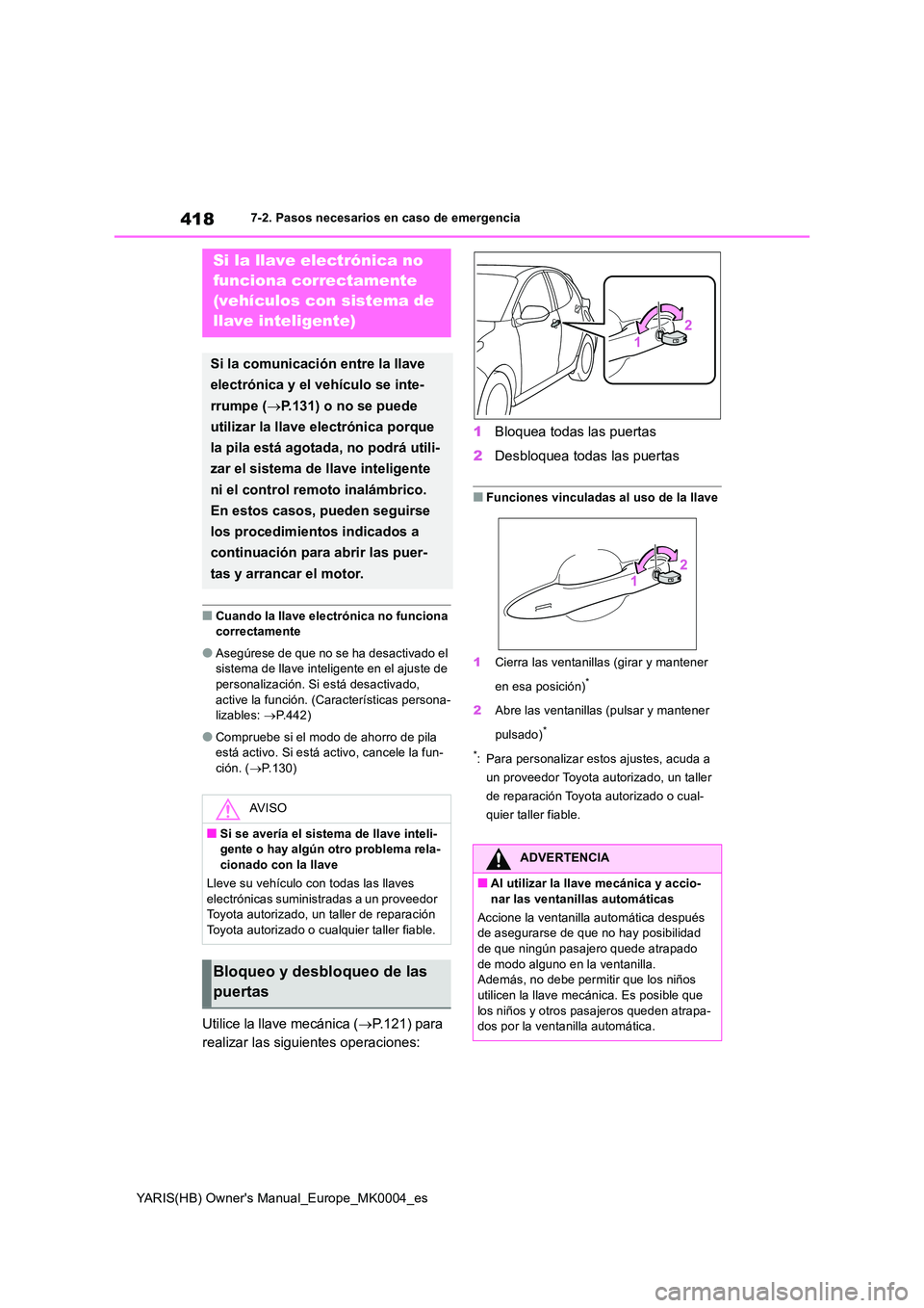 TOYOTA YARIS 2021  Manuale de Empleo (in Spanish) 418
YARIS(HB) Owners Manual_Europe_MK0004_es
7-2. Pasos necesarios en caso de emergencia
■Cuando la llave electrónica no funciona  correctamente
●Asegúrese de que no se ha desactivado el sistem