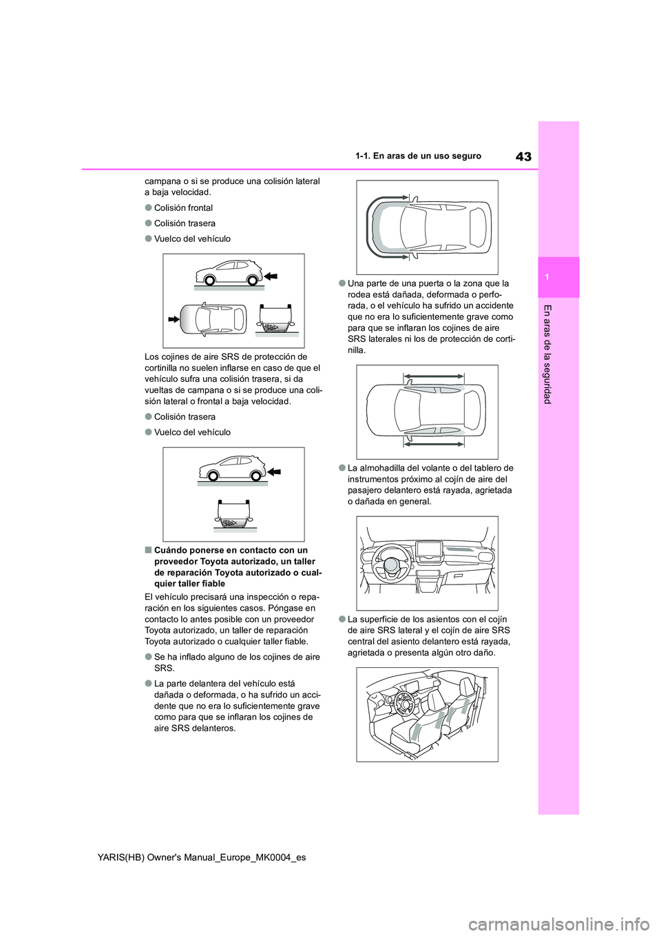 TOYOTA YARIS 2021 Manuale de Empleo (in Spanish) 43
1
YARIS(HB) Owners Manual_Europe_MK0004_es
1-1. En aras de un uso seguro
En aras de la seguridad
campana o si se produce una colisión lateral a baja velocidad.
●Colisión frontal
●Colisión TOYOTA YARIS 2021 Manuale de Empleo (in Spanish) 43
1
YARIS(HB) Owners Manual_Europe_MK0004_es
1-1. En aras de un uso seguro
En aras de la seguridad
campana o si se produce una colisión lateral a baja velocidad.
●Colisión frontal
●Colisión